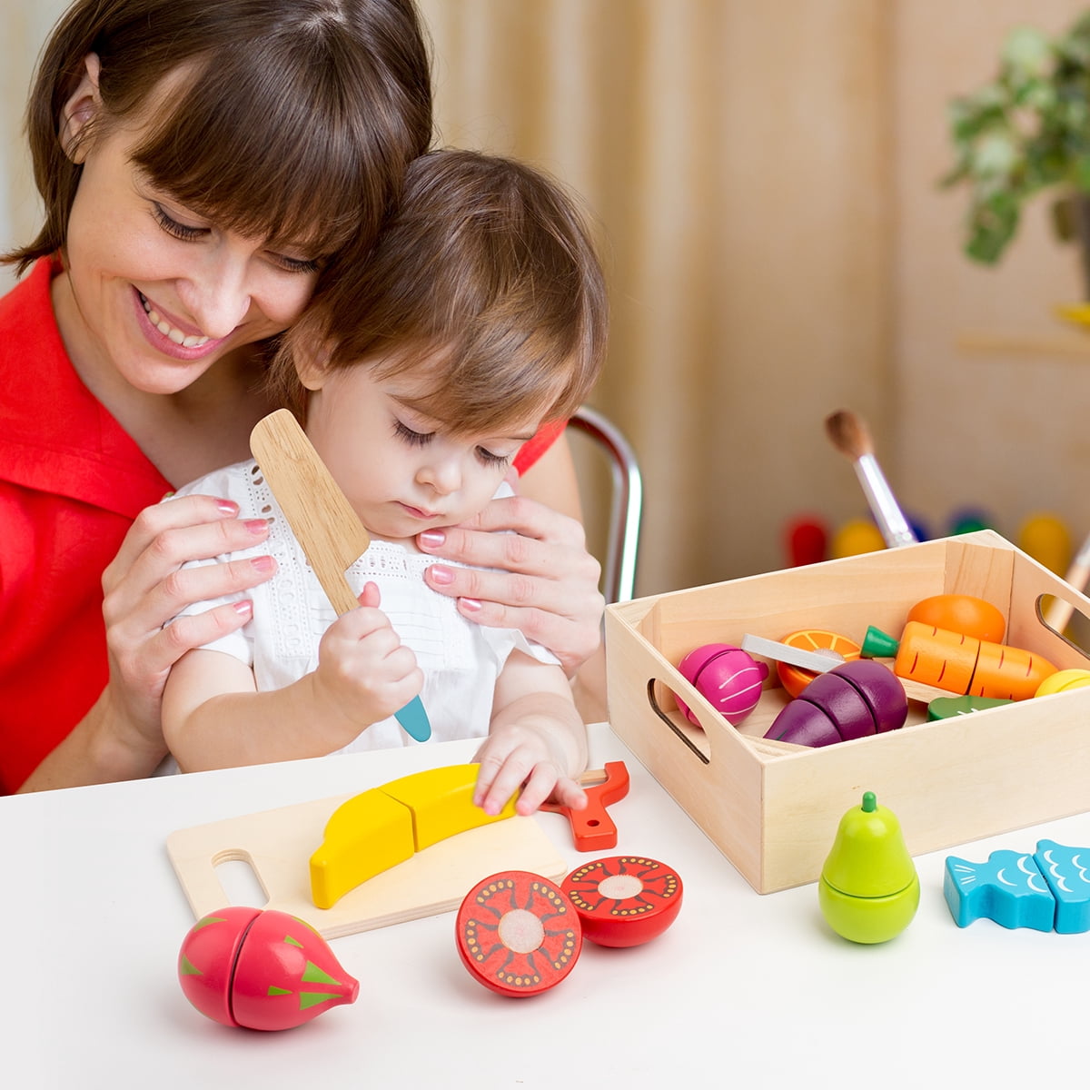 BUSY EDITION Wooden Play Food Set Pretend Kitchen Cutting Toys (32 Pieces) i4gkb