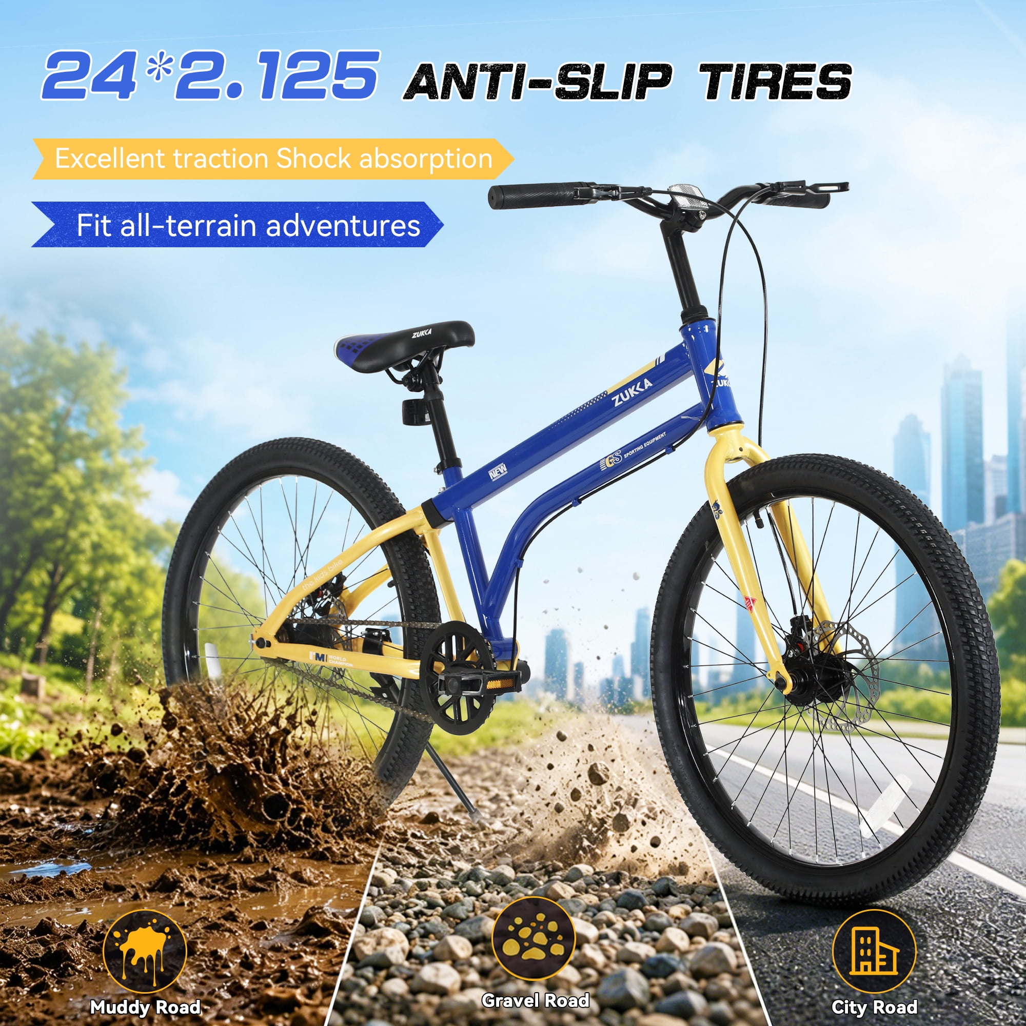 Ambifirner 24-Inch Kids Mountain Bike, Durable Steel Frame with Dual Disc Brakes (Blue/Yellow, 220 lb Capacity) hdmq7