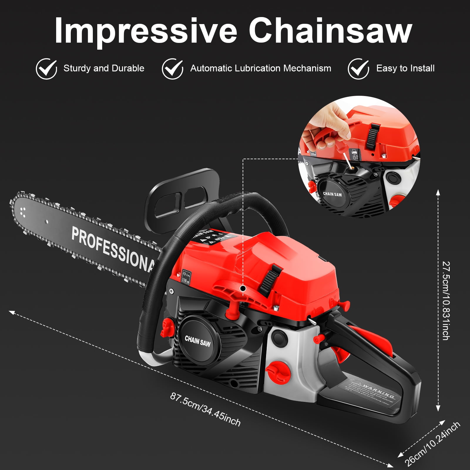TOOL1SHOoo 58cc 2-Stroke Gasoline Chainsaw with 20 in Bar and Chain Brake (Red, 20 in) ng3mi