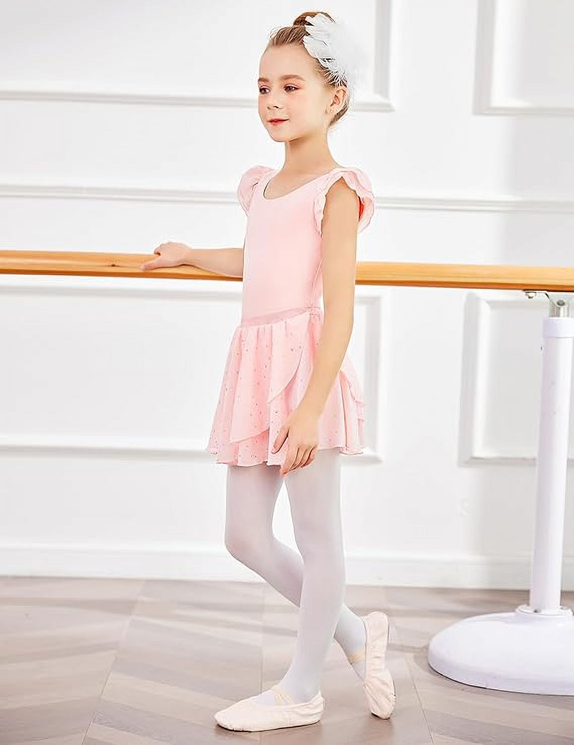 Oudiya Girls Ballet Leotard Set with Removable Sequin Skirt Ruffle Sleeve Bow Back (Pink, 3-11 Years) uf5ke