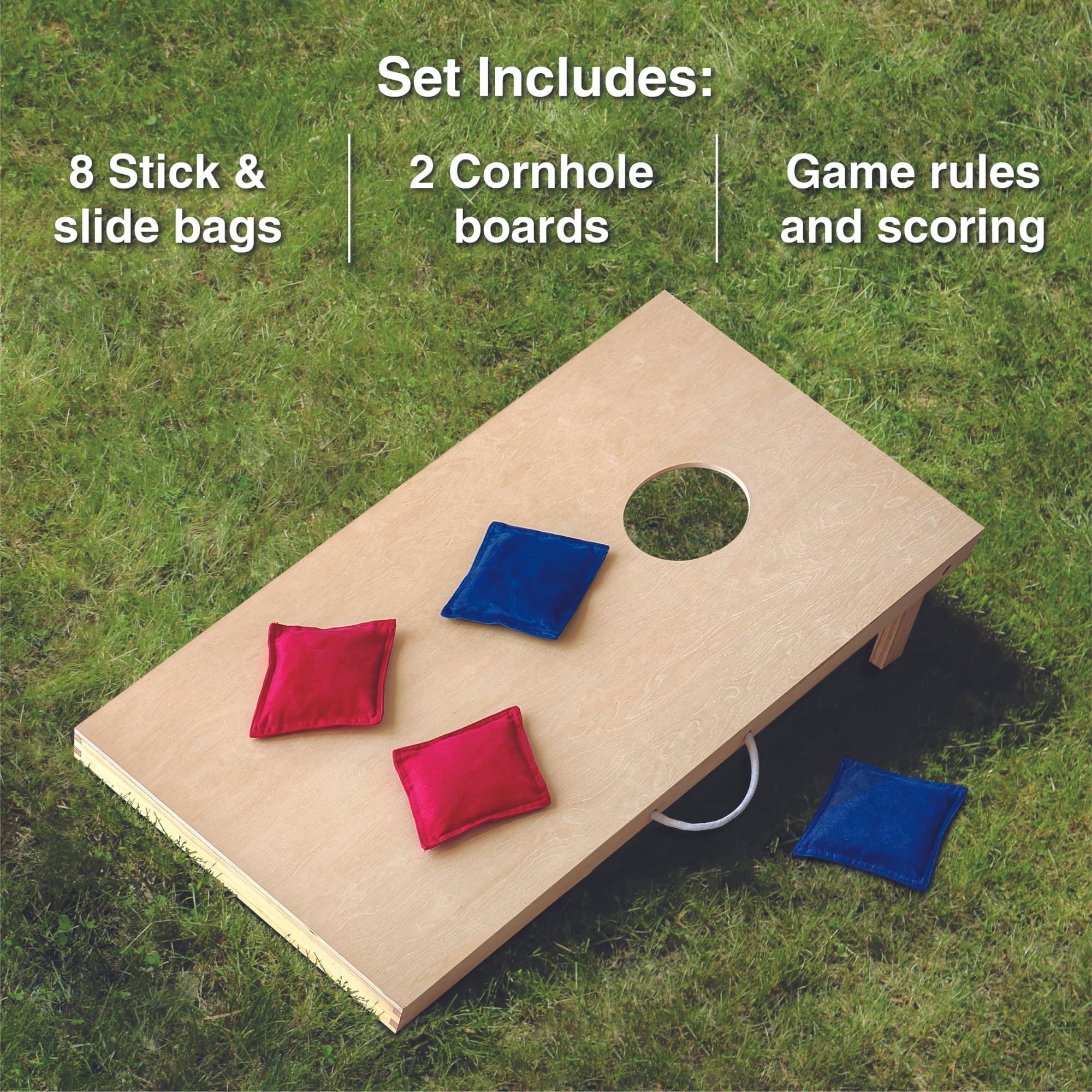MinnARK Wooden Cornhole Set with Stick and Slide Bean Bags (2 Boards, 8 Bags, 35 in) 1pm4i