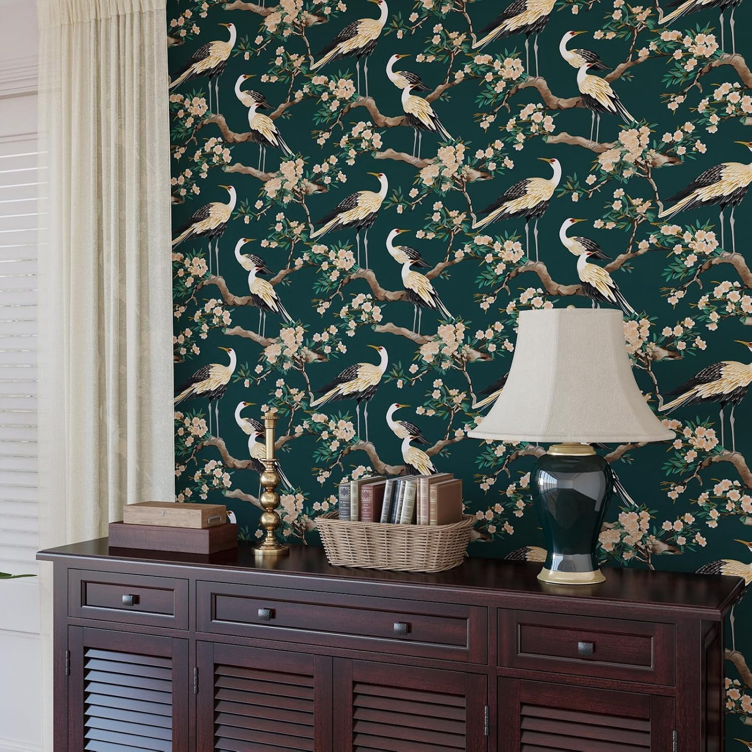 Usachibb Peel and Stick Wallpaper, Crane Bird Floral Contact Paper (Dark Green, 17.5 in x 118 in) 8ncdf