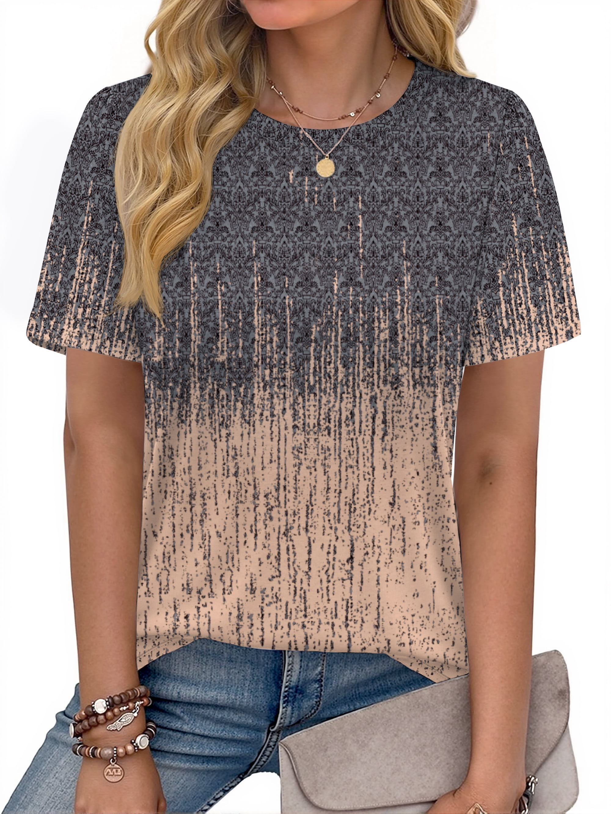 Fantaslook Womens Floral Tunic Top Crew Neck Short Sleeve Dressy Casual Blouse (Grey, L) 555be