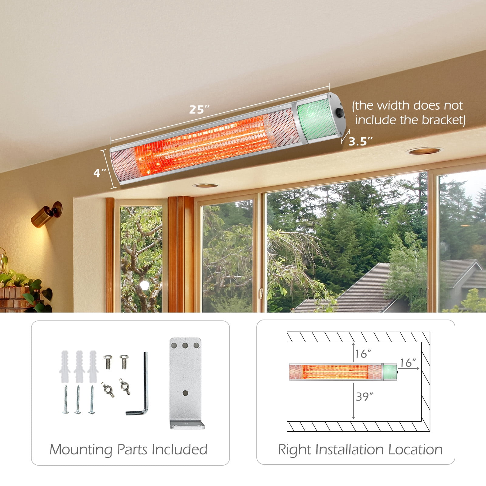 Costway Wall-Mounted Infrared Patio Heater with Remote Control and Adjustable Timer (Silver, 1500W) 7fwvt