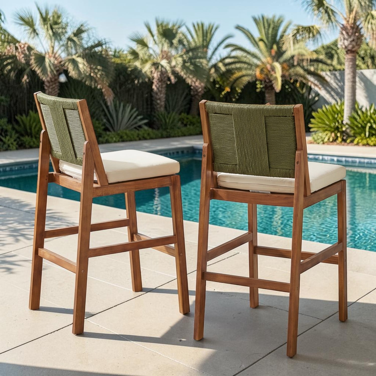 Tcbosik Outdoor Acacia Wood Bar Stools with Wicker Back and Cushions (Cream & Green, 2-Piece Set) sohbd