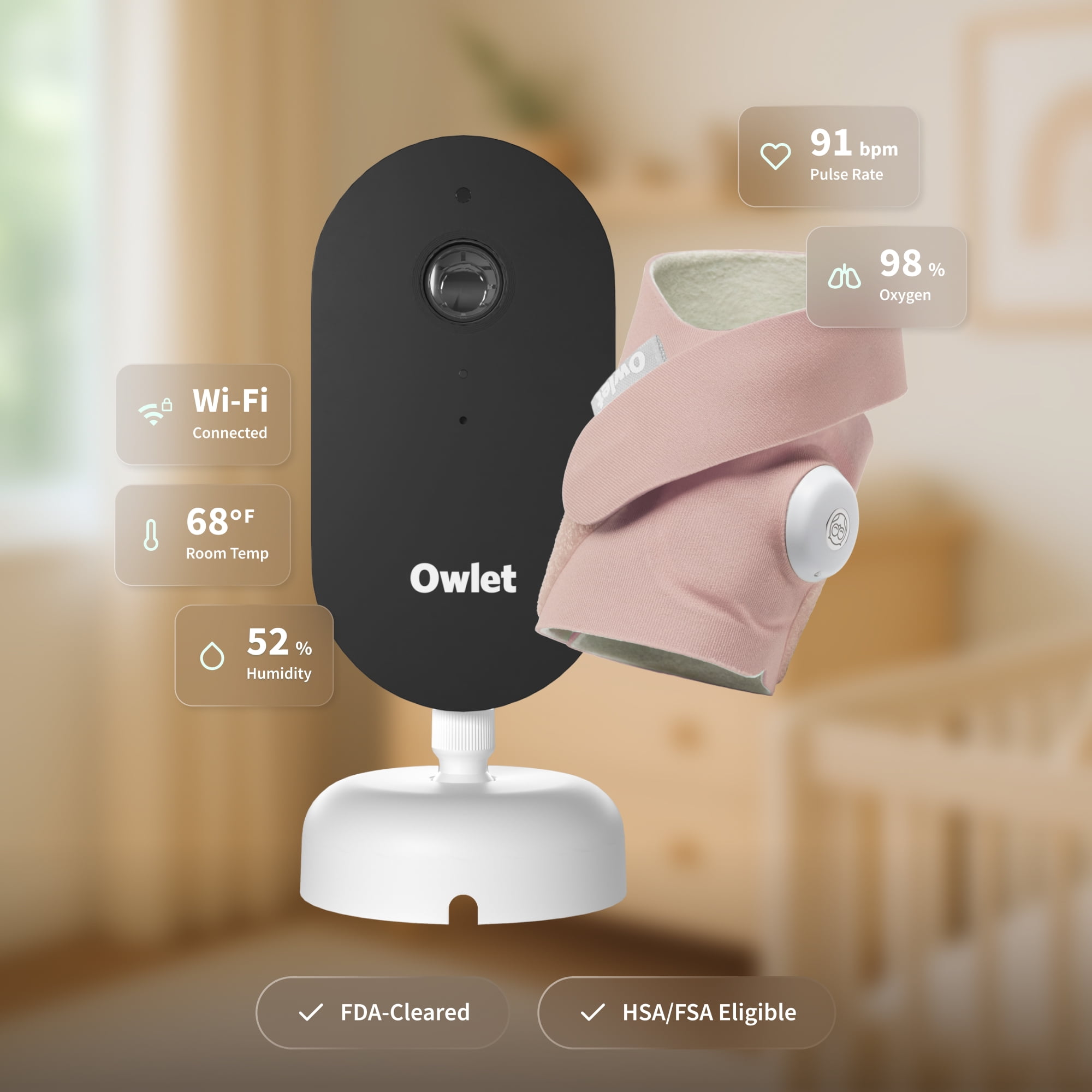 Owlet Dream Duo Gen 3 Smart Baby Monitor System with Oxygen and Pulse Rate Tracking and 2K HD Video Camera (Dusty Rose, 1 Pack) x3lxu - Image 2