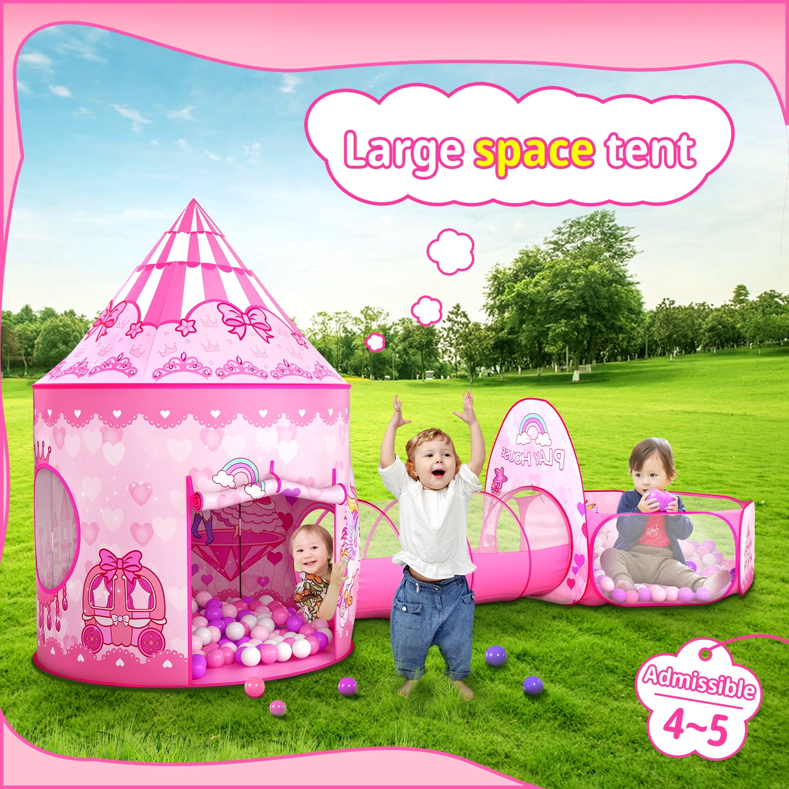 Wilwolfer Kids Play Tent and Tunnel Set with Ball Pit for Indoor and Outdoor Fun (Pink, 3-Piece Set) yqad5