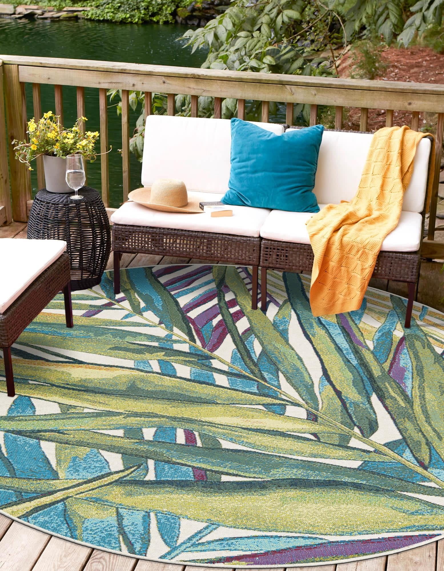 Unique Loom Outdoor Botanical Collection Area Rug (Jungle, Blue, 4 ft 1 in Round) 6wxob
