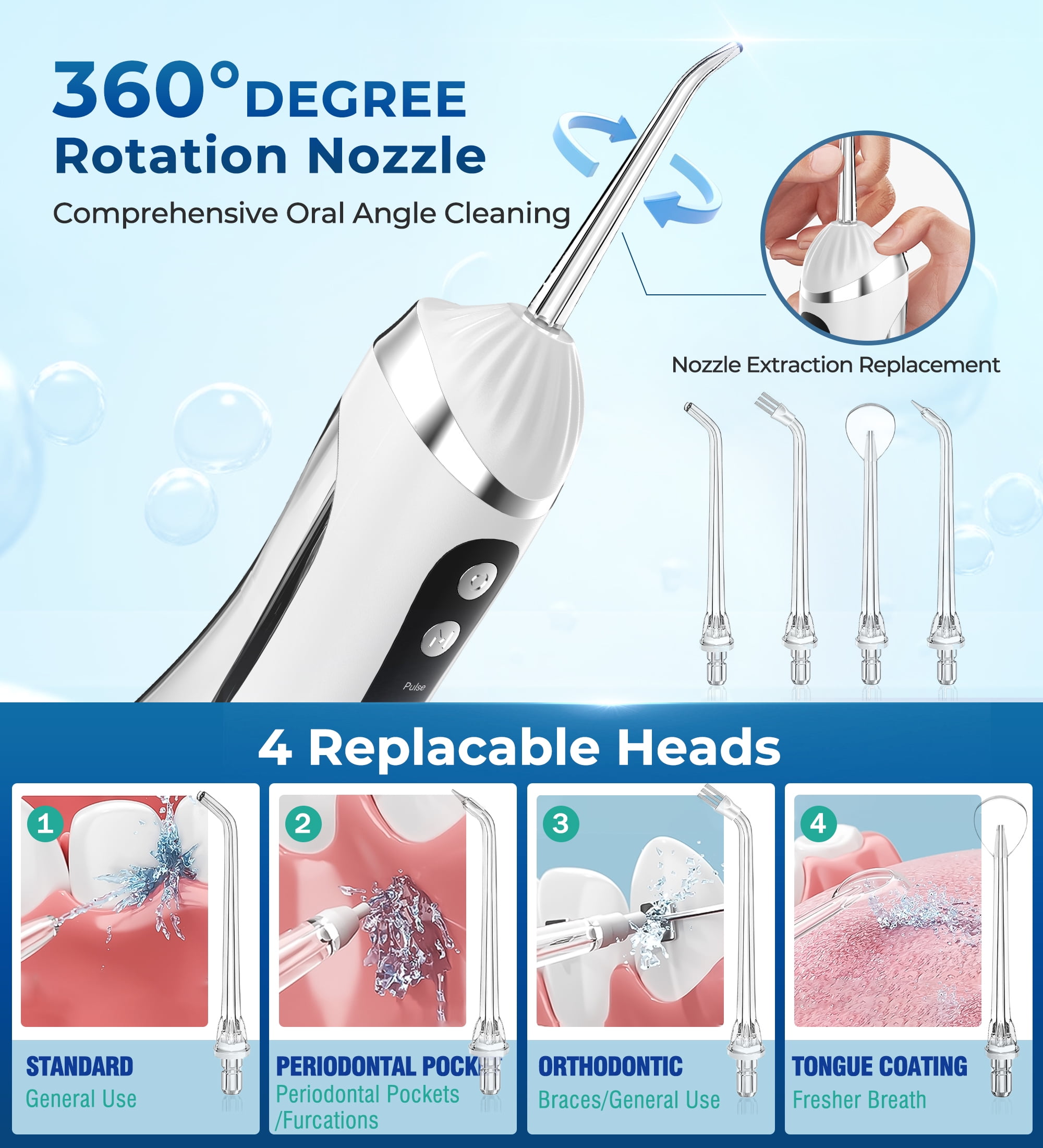 BOKYAN Cordless Water Flosser for Teeth, Portable Electric Dental Oral Irrigator with 3 Modes (White, 6.76 fl oz) qyg43