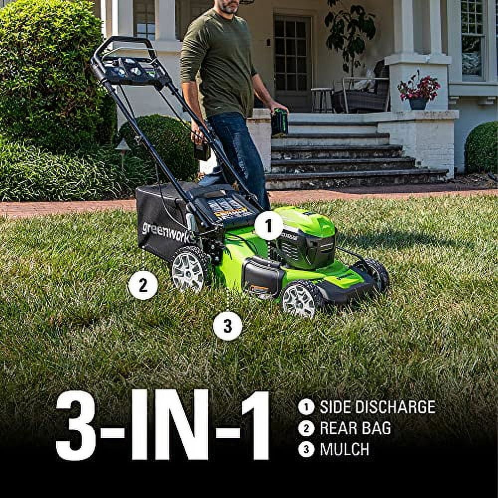 Greenworks 40V 21 in Brushless Self-Propelled Lawn Mower with 2 x 4Ah USB Batteries and Charger (21 in) 6lc8i