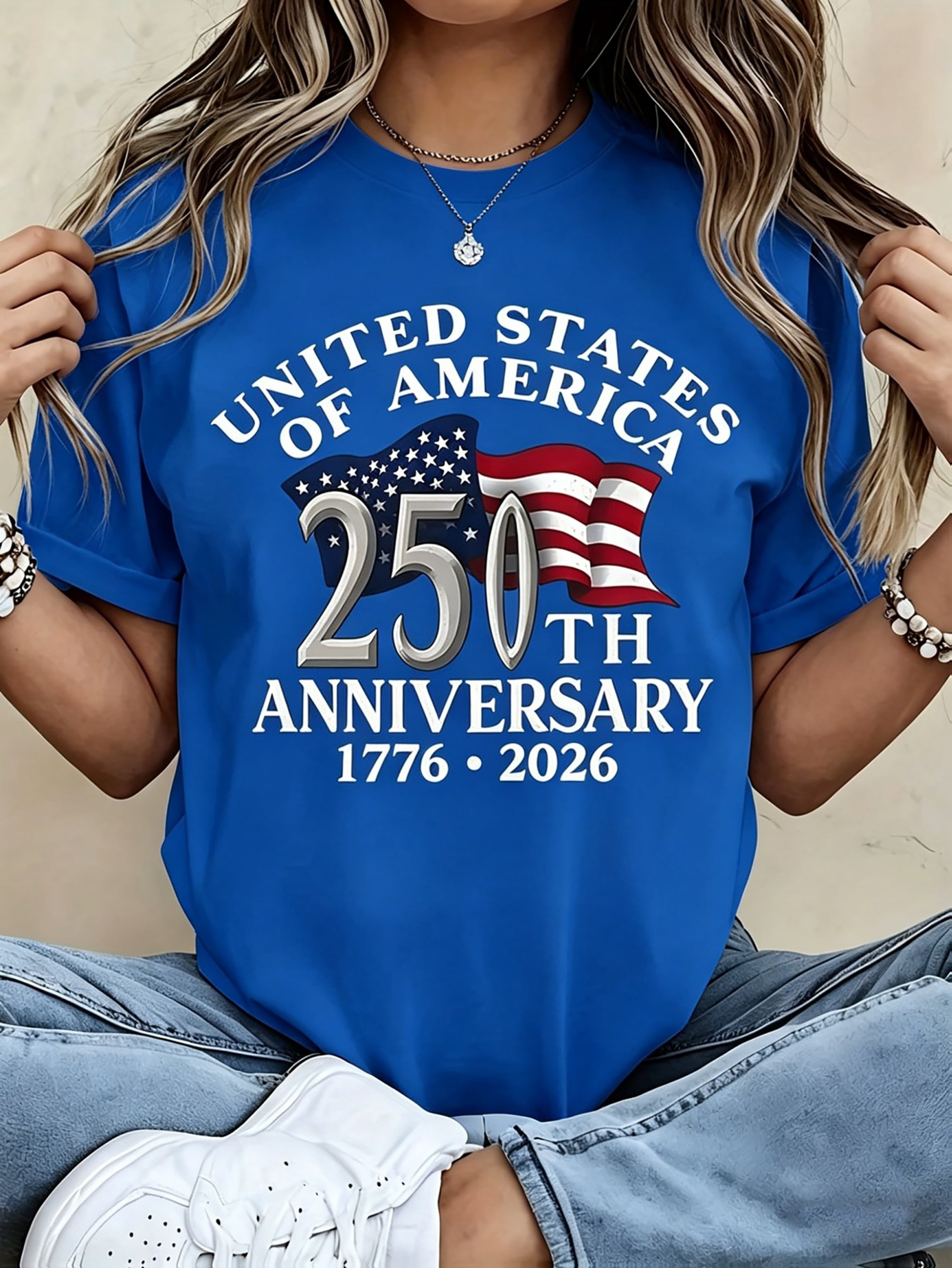 SHESIINN Women's 250 Year USA Anniversary Graphic T-Shirt, Breathable Cotton Crew Neck Short Sleeve Top (White, S) o3ztw