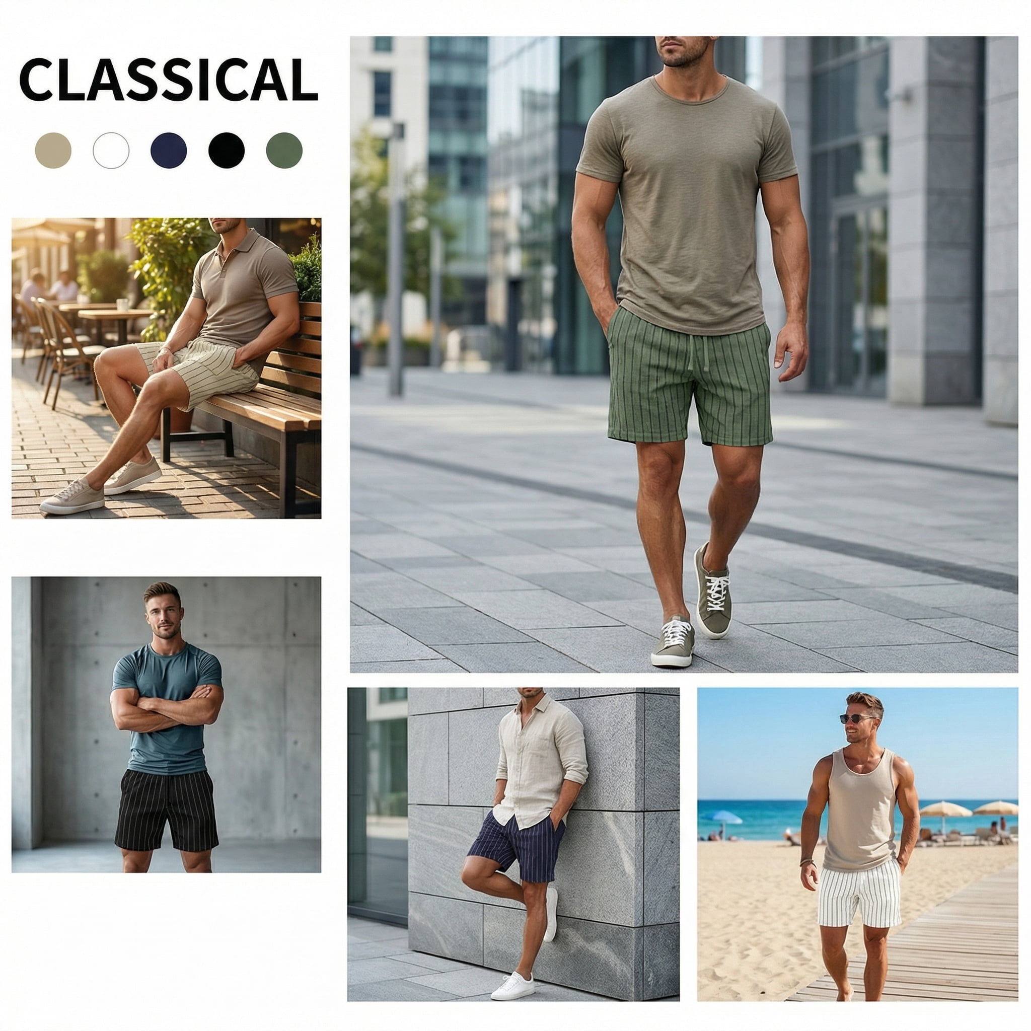 GIRUNS Mens Casual Striped Shorts Lightweight Beach Drawstring Elastic Waist with Pockets (White, L) z5k86