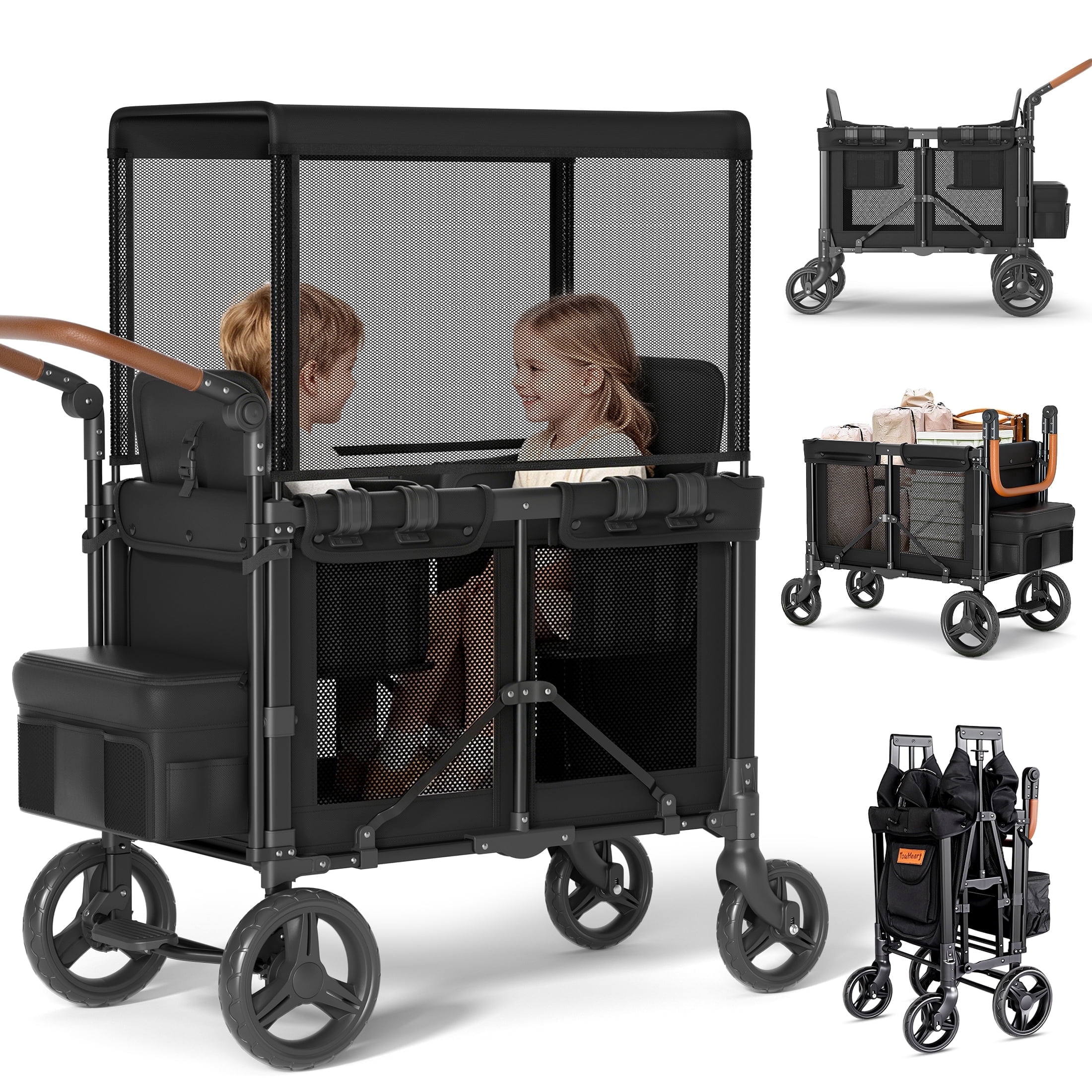 TouHeart 3-in-1 Foldable Wagon Stroller for 2 Kids with Canopy and 5-Point Harness (Black, 200 lb Capacity) te9ap