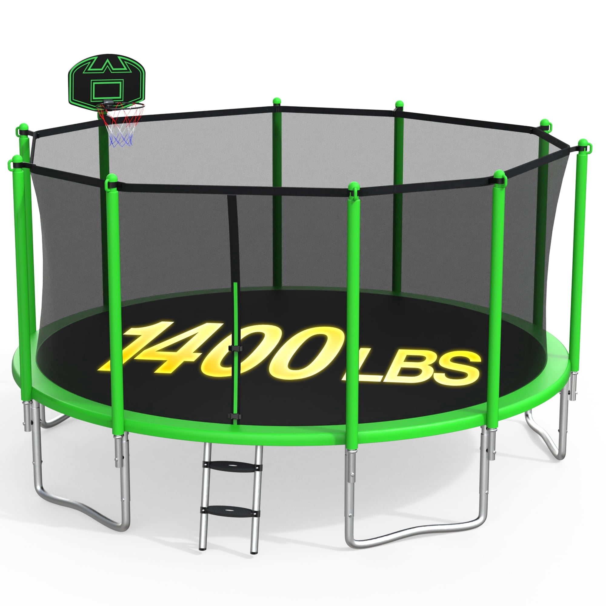 XMIKA Outdoor Recreational Trampoline with Enclosure Net, Basketball Hoop, and Ladder (Green, 14 ft) 72kfj