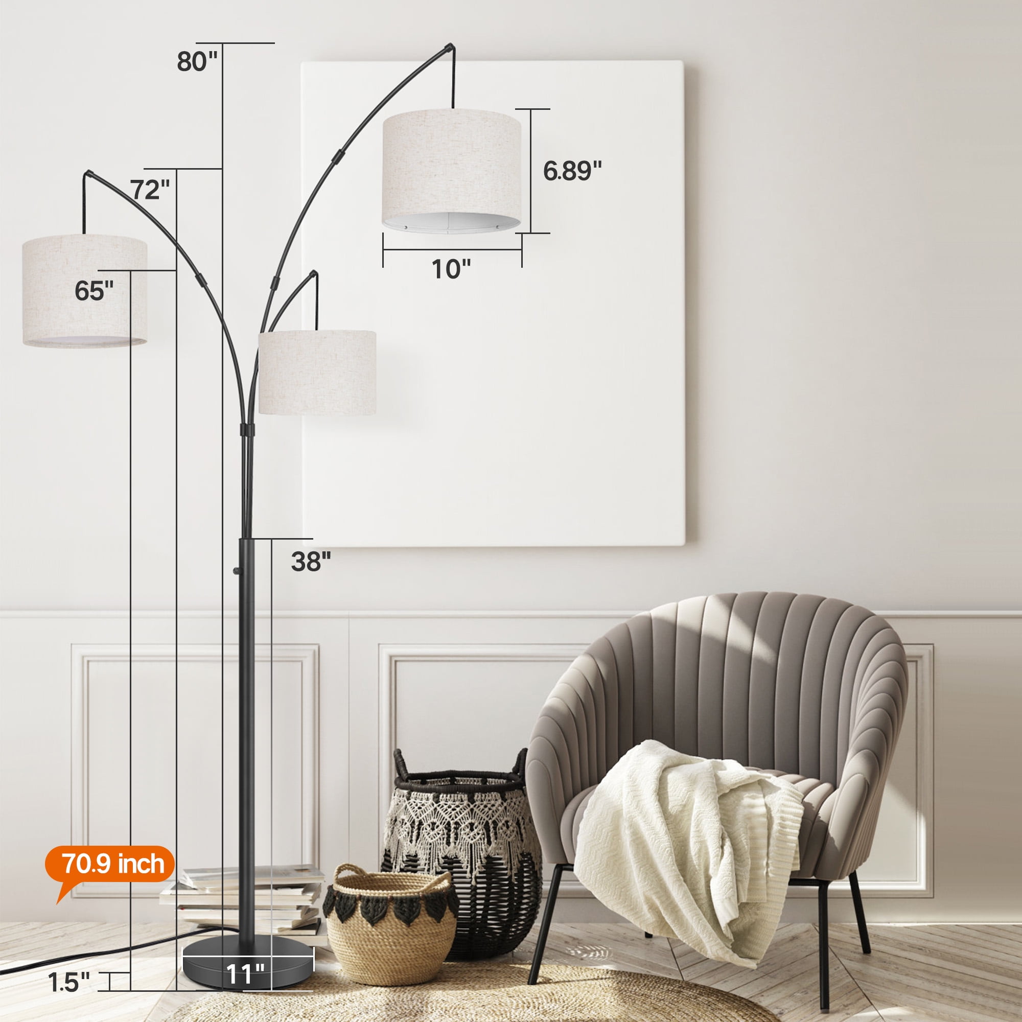 Outon 3-Light Arc Floor Lamp, Modern Standing Lamp with Linen Shades, Adjustable Multi-Directional Lighting for Living Room and Bedroom (Black, 80 in) h8x18