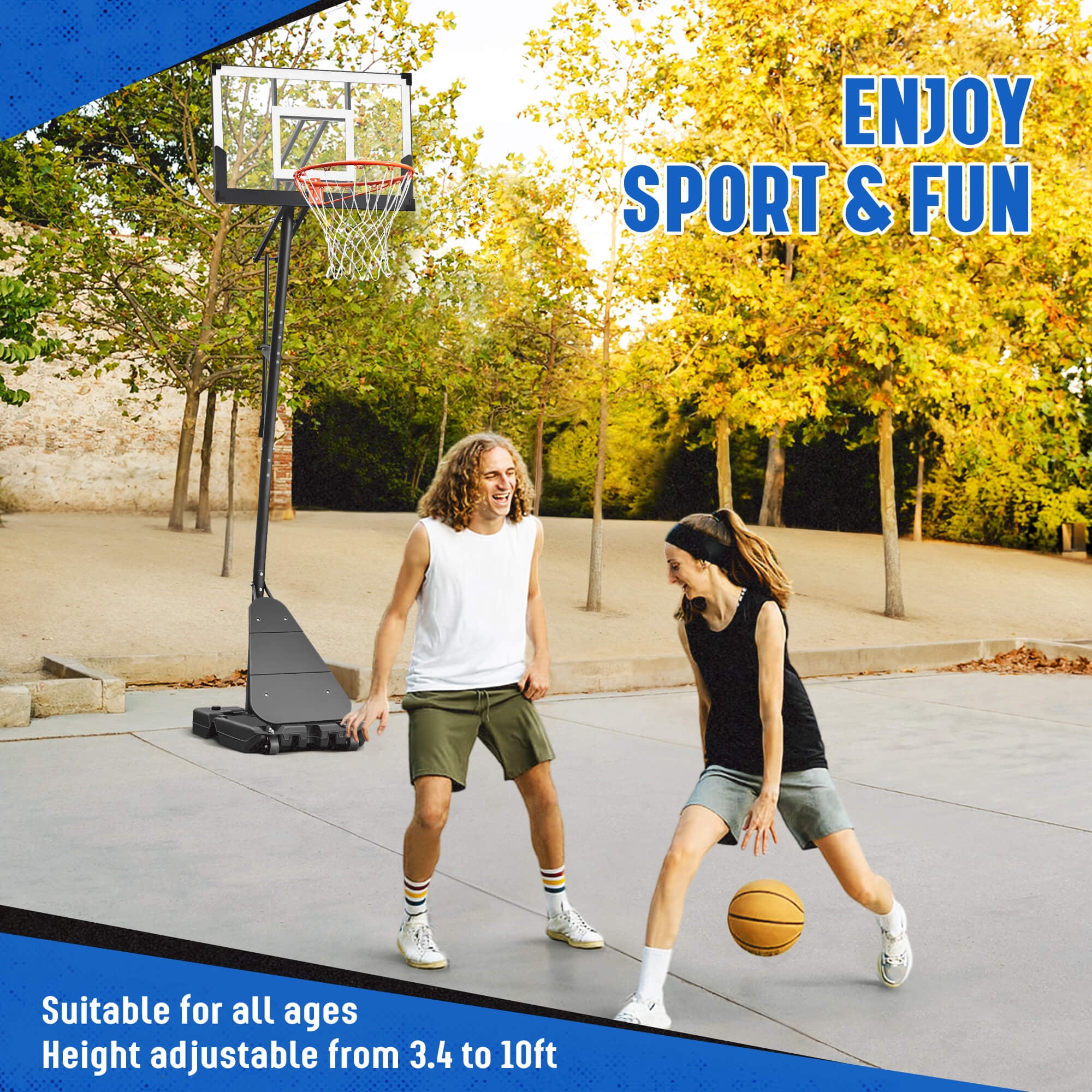 SERAY Adjustable Basketball Hoop System, Portable Basketball Goal with 40 in Shatterproof Backboard, Indoor/Outdoor Play (White, 3.4-10 ft) dvs1a