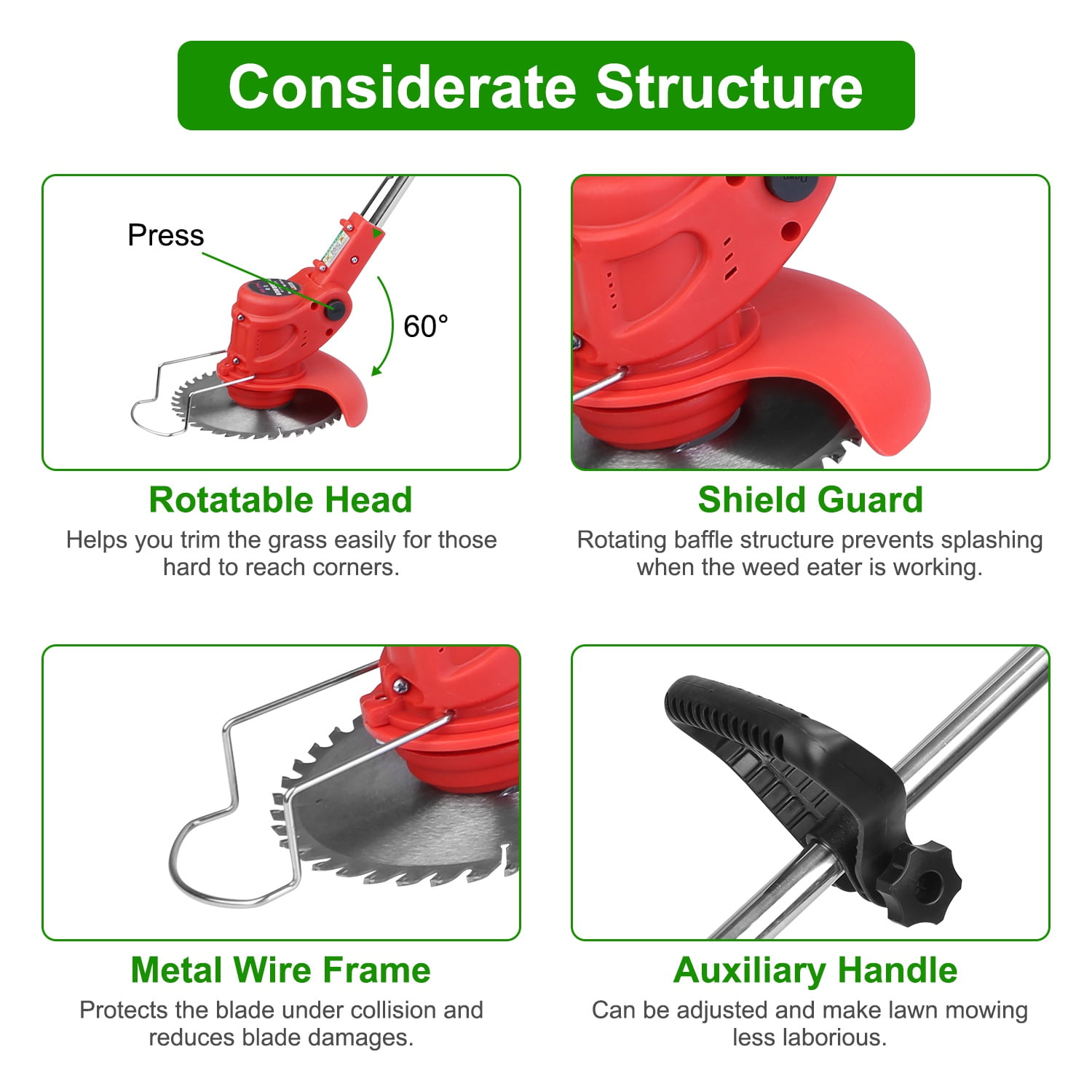 TeqHome 21V Cordless String Trimmer Electric Weed Wacker with 2 Batteries and 8 Blades (Red, 37-50.4 in) yx5xy