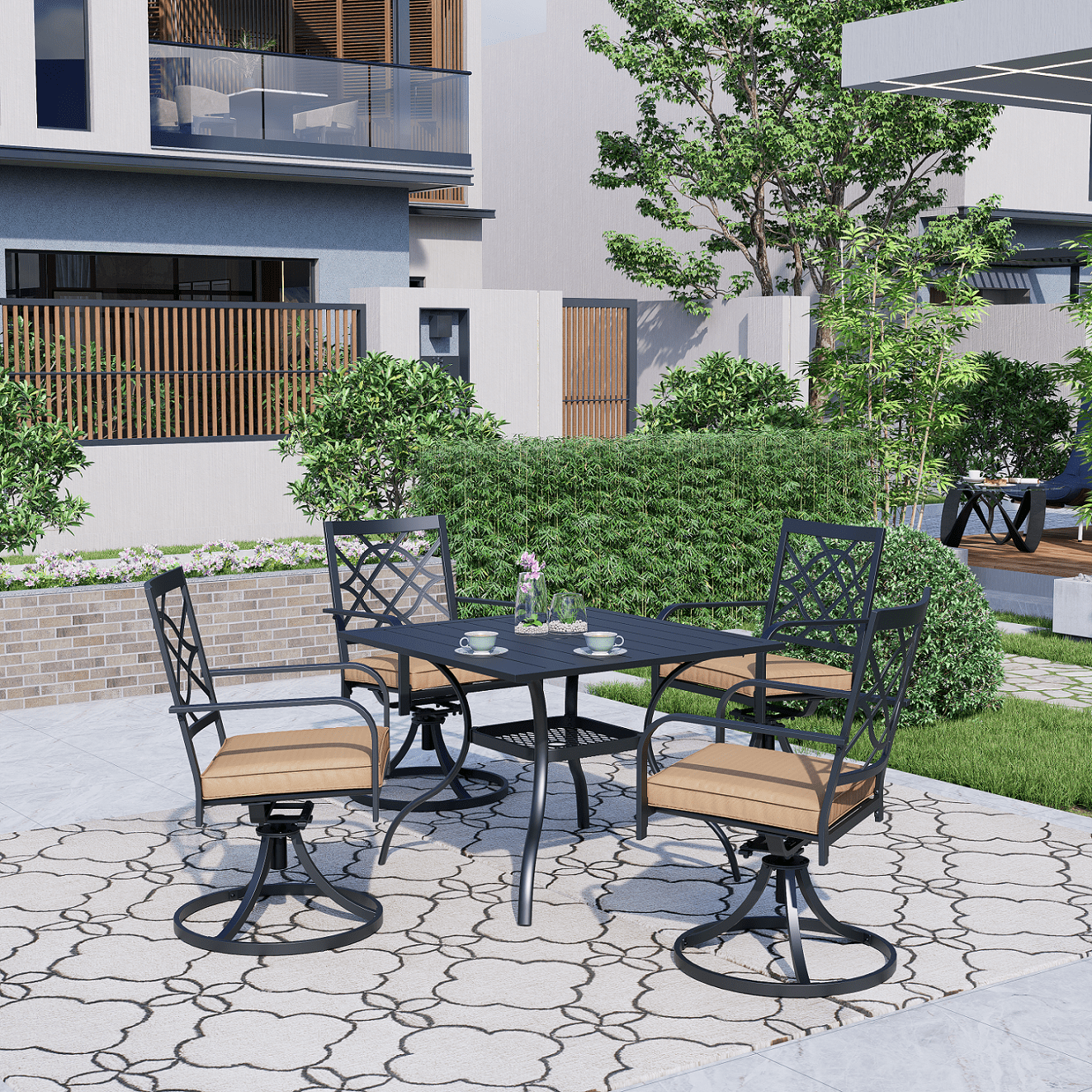 Suncrown 5-Piece Outdoor Patio Metal Dining Set with Swivel Chairs and Table (Brown Cushions, 37 in Table) 7hquh