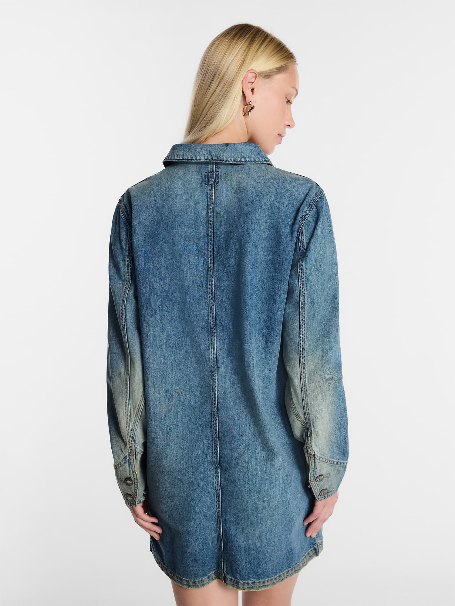 Kacey Lee Women's Denim Chore Dress Long Sleeve Button Front Mini (Blue, S) f1ror