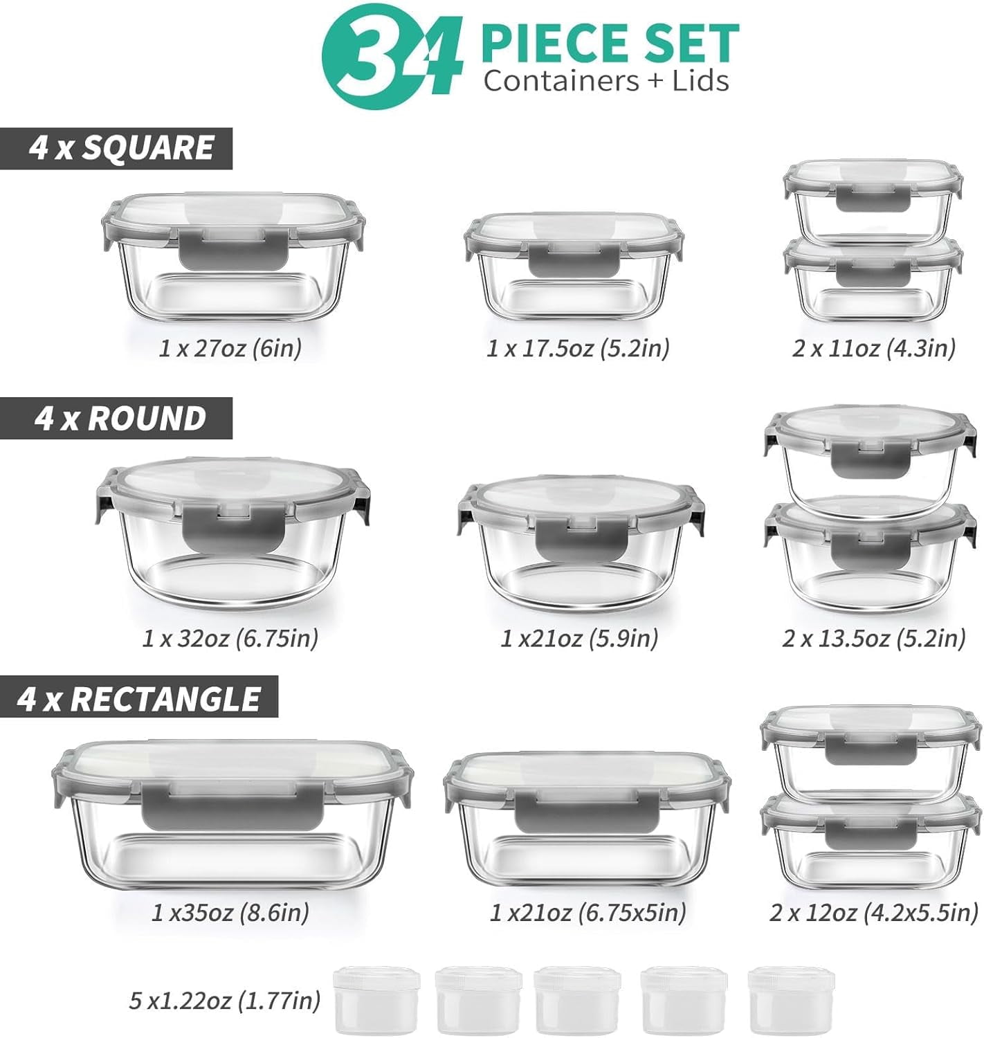 Taimasi Glass Food Storage Containers Set, Airtight Meal Prep Containers with Locking Lids (34 Piece Set, Grey) f3pkm