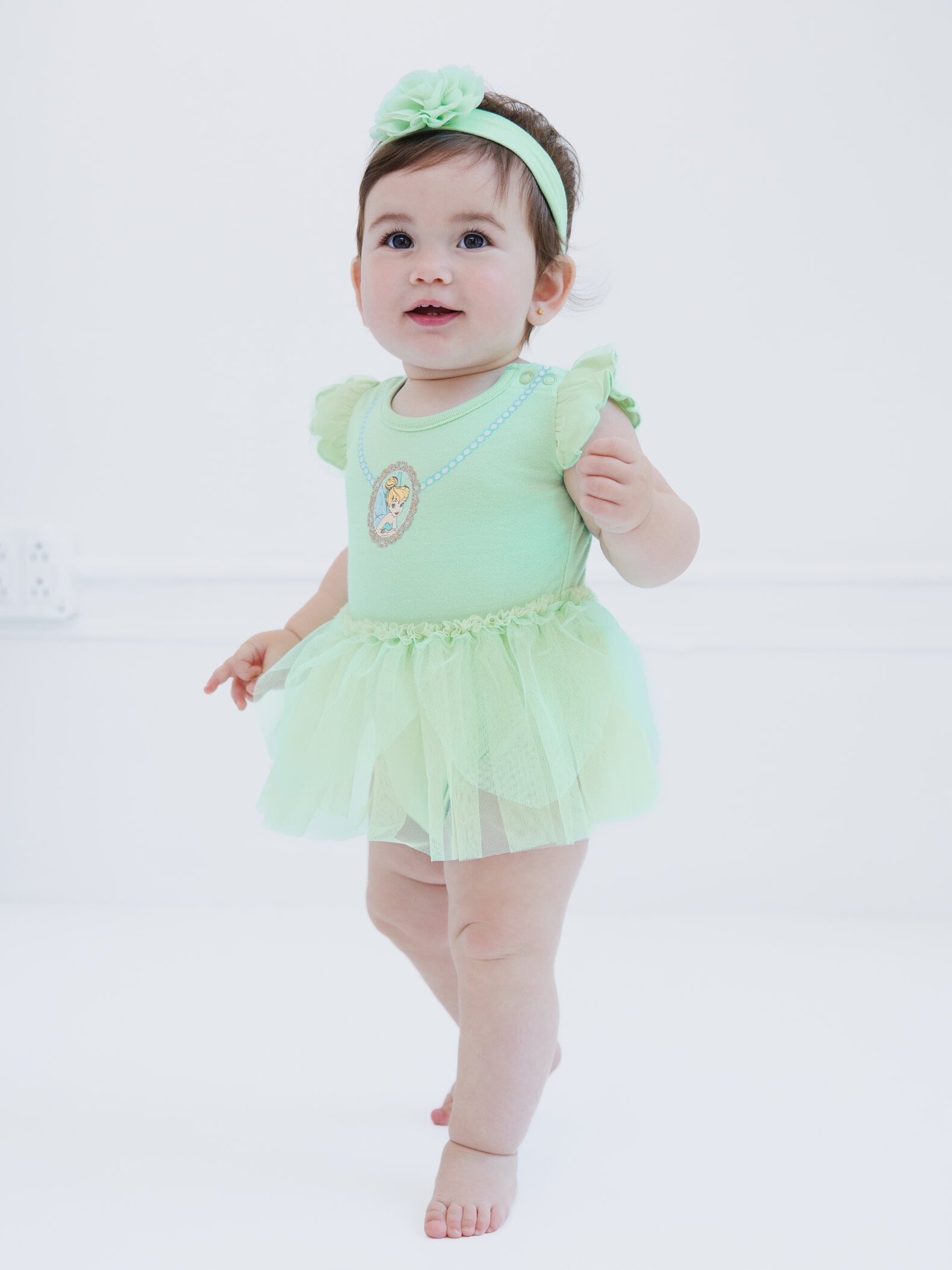 Disney Tinker Bell Cosplay Bodysuit with Skirt Overlay and Headband Outfit Set (Green, 0-24 Months) j1h2f