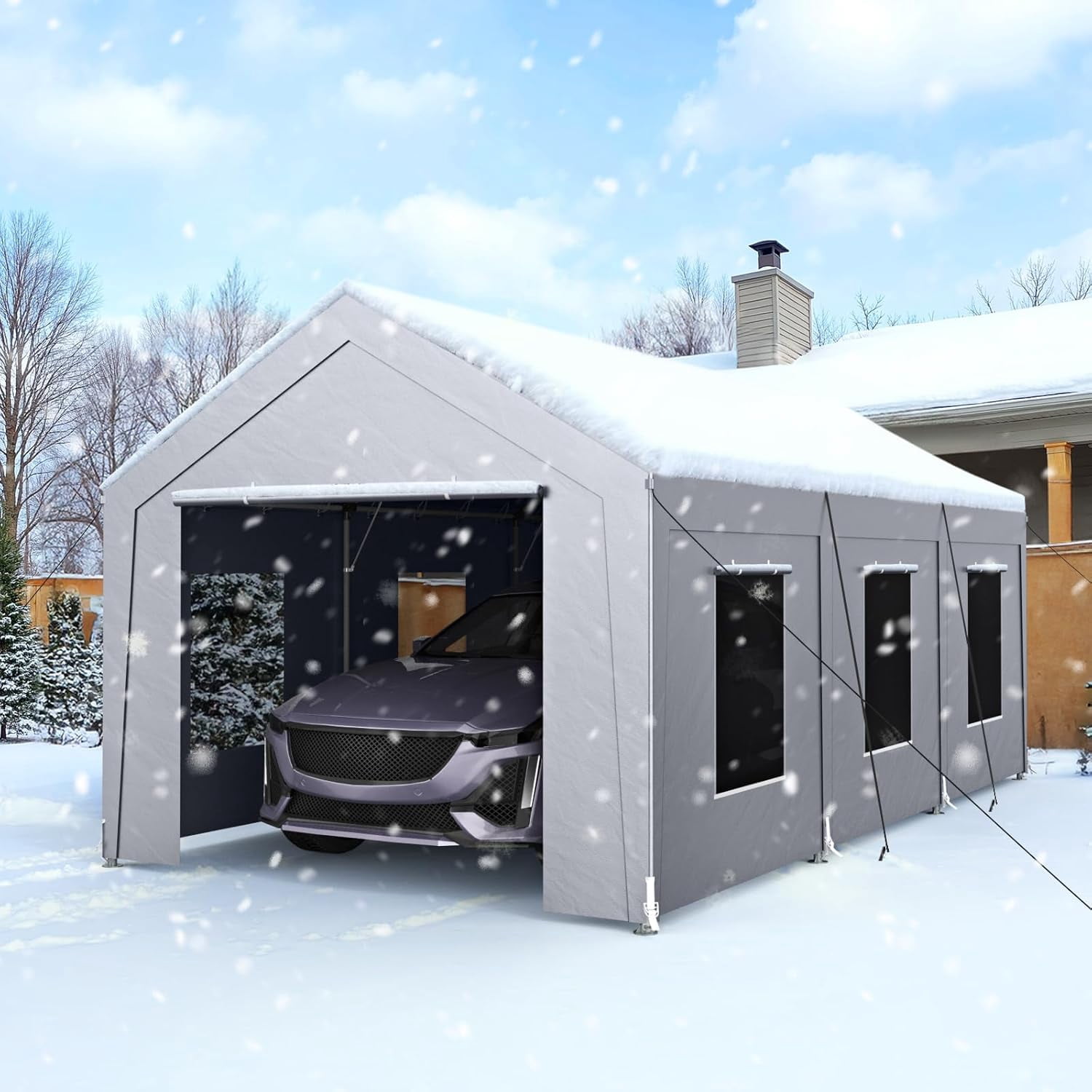 Vitarpatio Heavy Duty Carport Canopy, Reinforced Metal Portable Garage with 6 Roll-up Windows and Removable Sidewalls (Light Gray, 10x20 ft) 0trfm