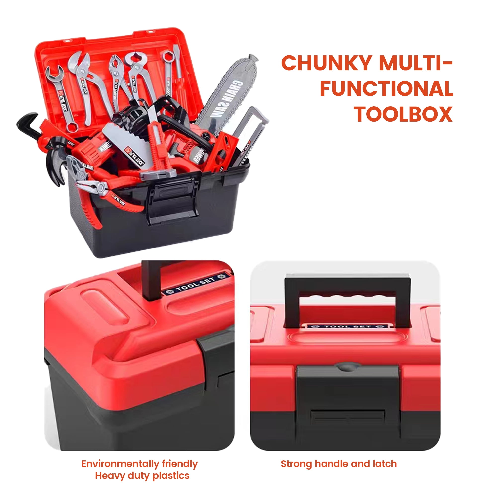 ALLJOY 55pcs Kids Construction Tool Set with Electronic Toy Drill and Storage Case (Red, 55 Piece Set) o651s