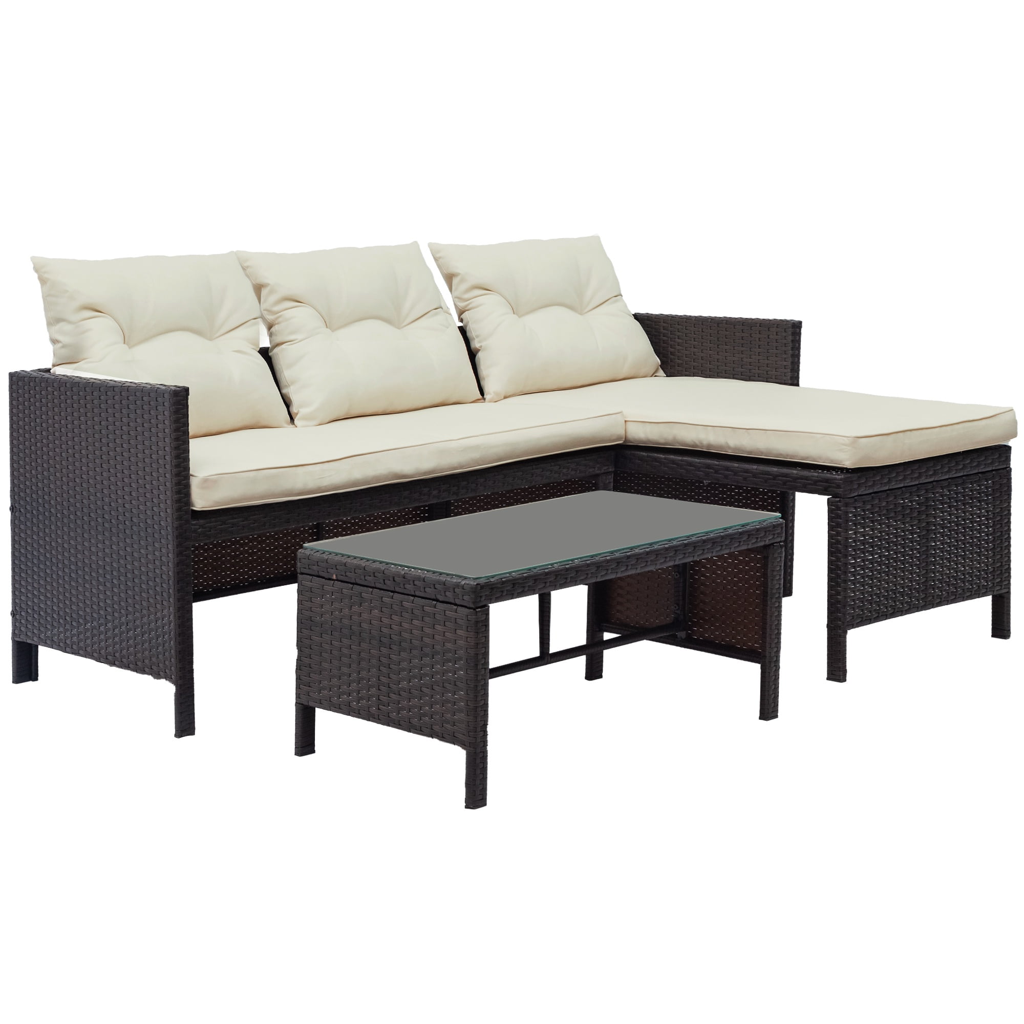 Syngar 3-Piece Outdoor Patio Furniture Sectional Set, PE Rattan Wicker Conversation Set with Cushions and Coffee Table (Beige, 3-Piece Set) 14sg0