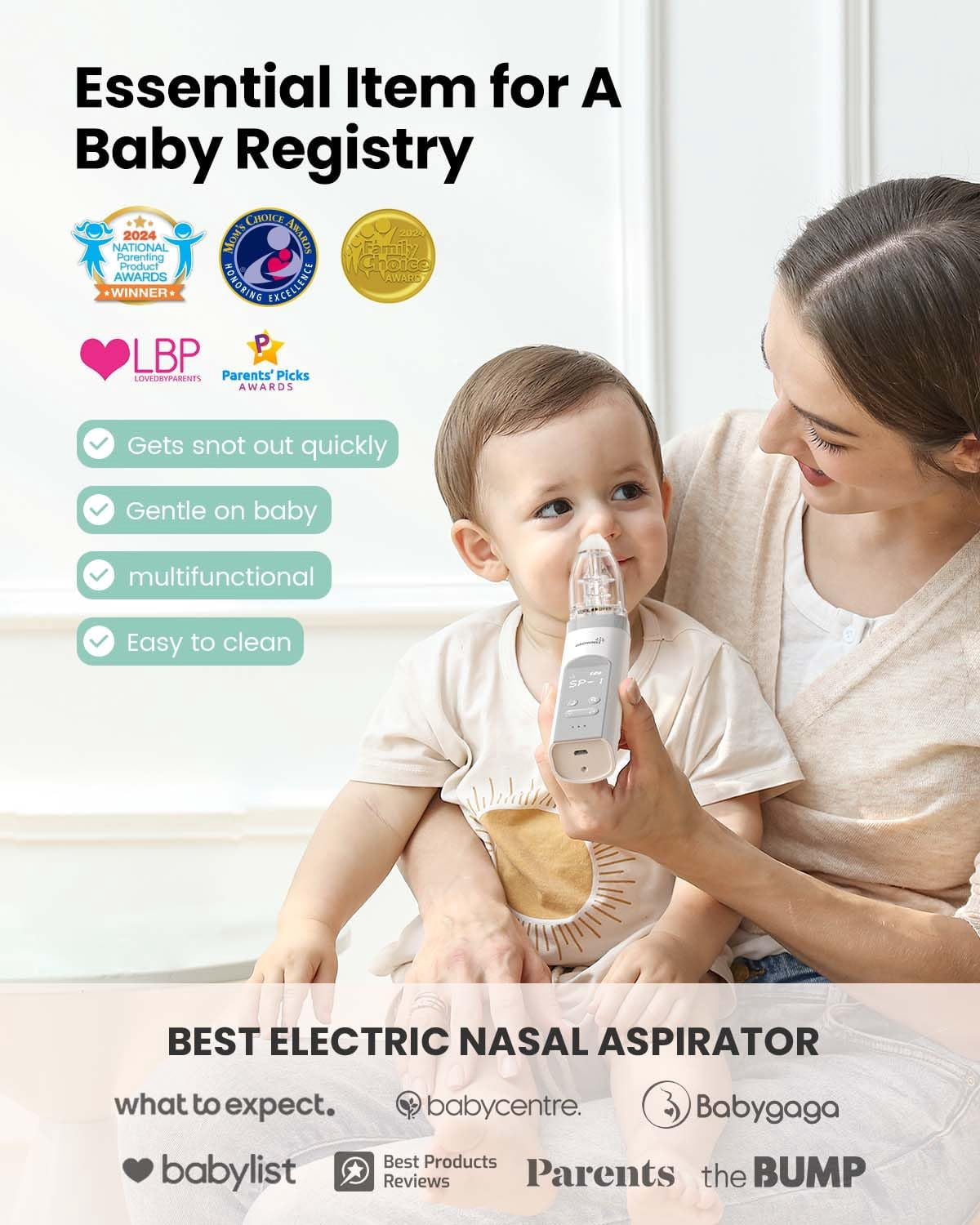GROWNSY Baby Nasal Aspirator Electric Nose Cleaner with 3 Suction Levels (White, 1 Unit) hz5cr
