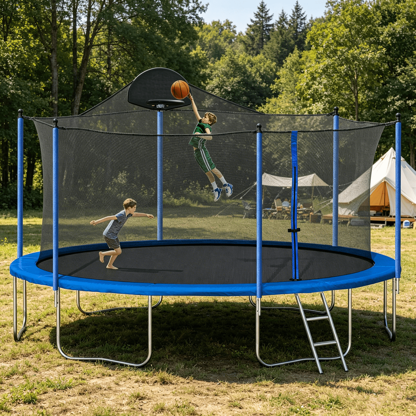 Leumius 14FT Outdoor Trampoline with Basketball Hoop and Safety Enclosure Net (Blue, 14 ft) a8thg