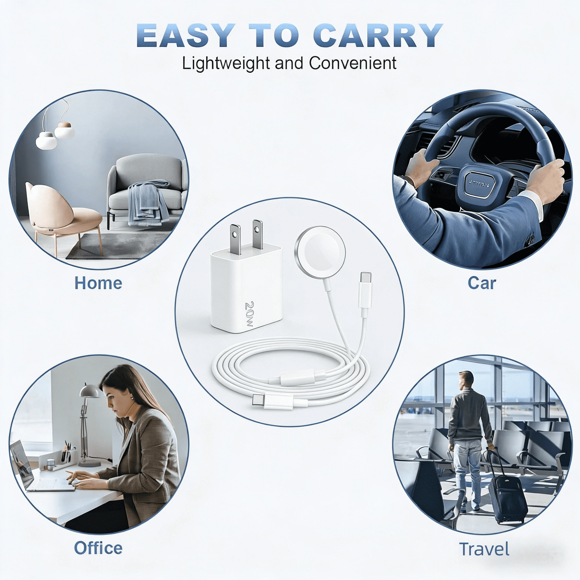 FWJBK 2-in-1 Magnetic Fast Charging Cable and 20W USB-C Wall Adapter Set for Apple Watch and iPhone (White, 6 ft) cin8d