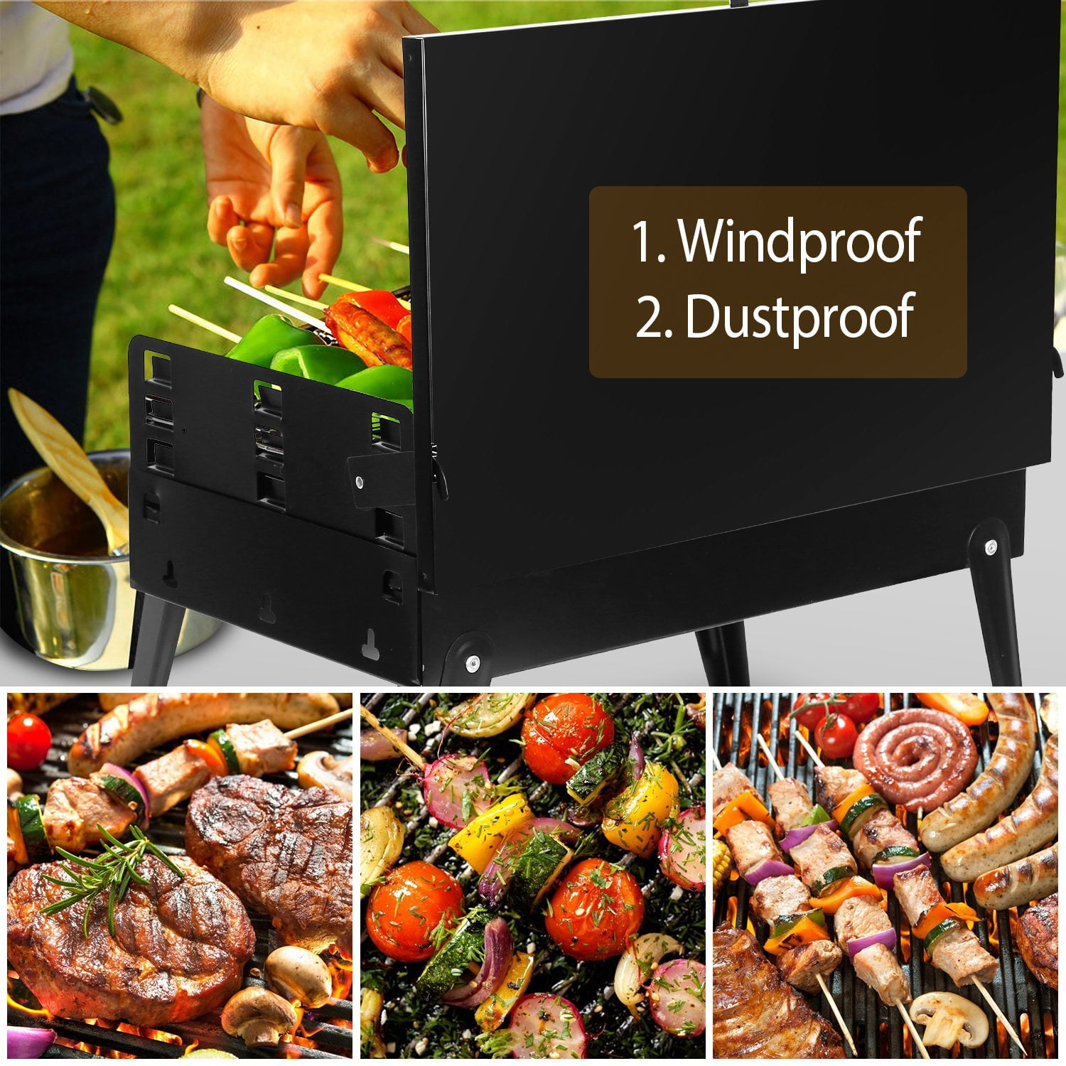 TeqHome Portable Charcoal Grill Foldable Tabletop BBQ for Camping Picnic (Black, 16.7x10x17.7 in) 2c8un