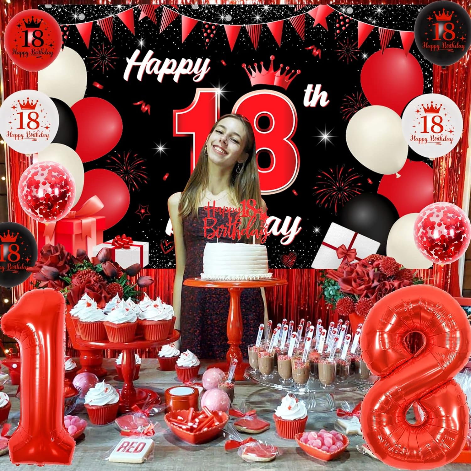 Sursurprise 18th Birthday Party Decoration Set, Red and Black Theme with Backdrop, Cake Topper, and Balloons (1 Set) jg0lh