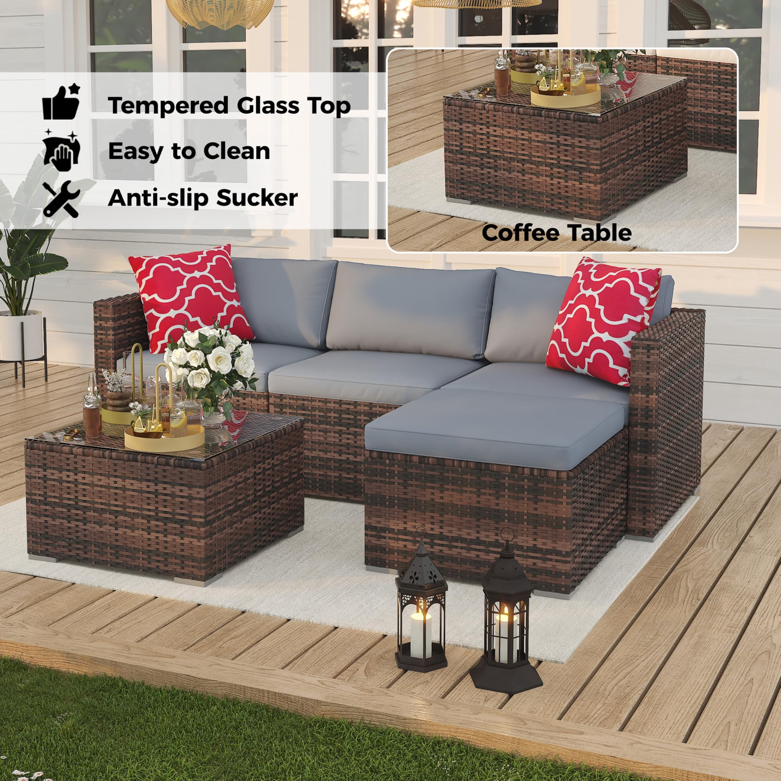 EliteEdge 5-Piece All-Weather PE Rattan Patio Sofa Set, Modular Outdoor Furniture with Tempered Glass Table and Waterproof Cushions (Brown Rattan, Light Grey Cushion, 5-Piece Set) i6xq3