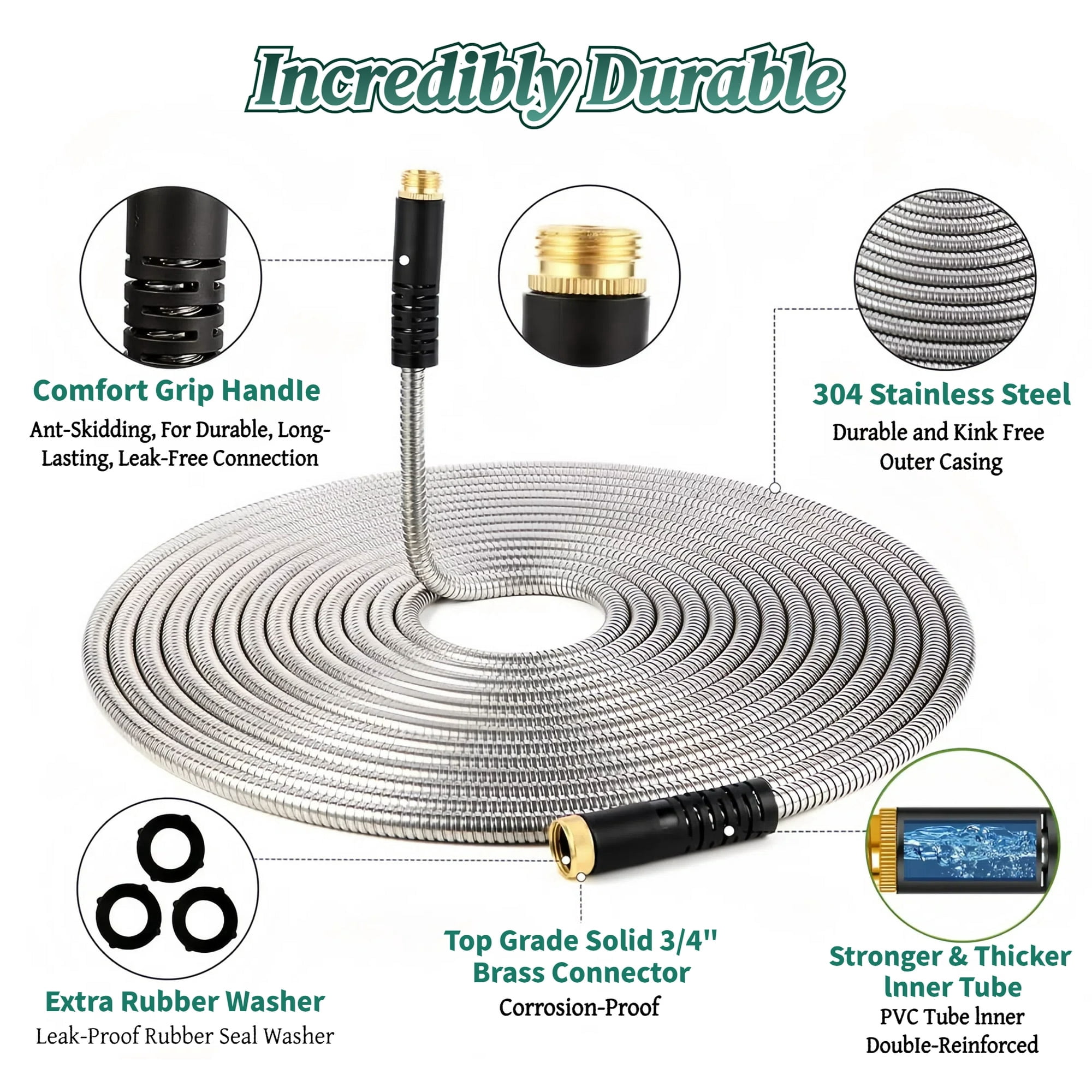 Teblint 304 Stainless Steel Garden Hose, Heavy-Duty Flexible Water Hose with 10-Function Nozzle (Silver, 50 ft) ij93i