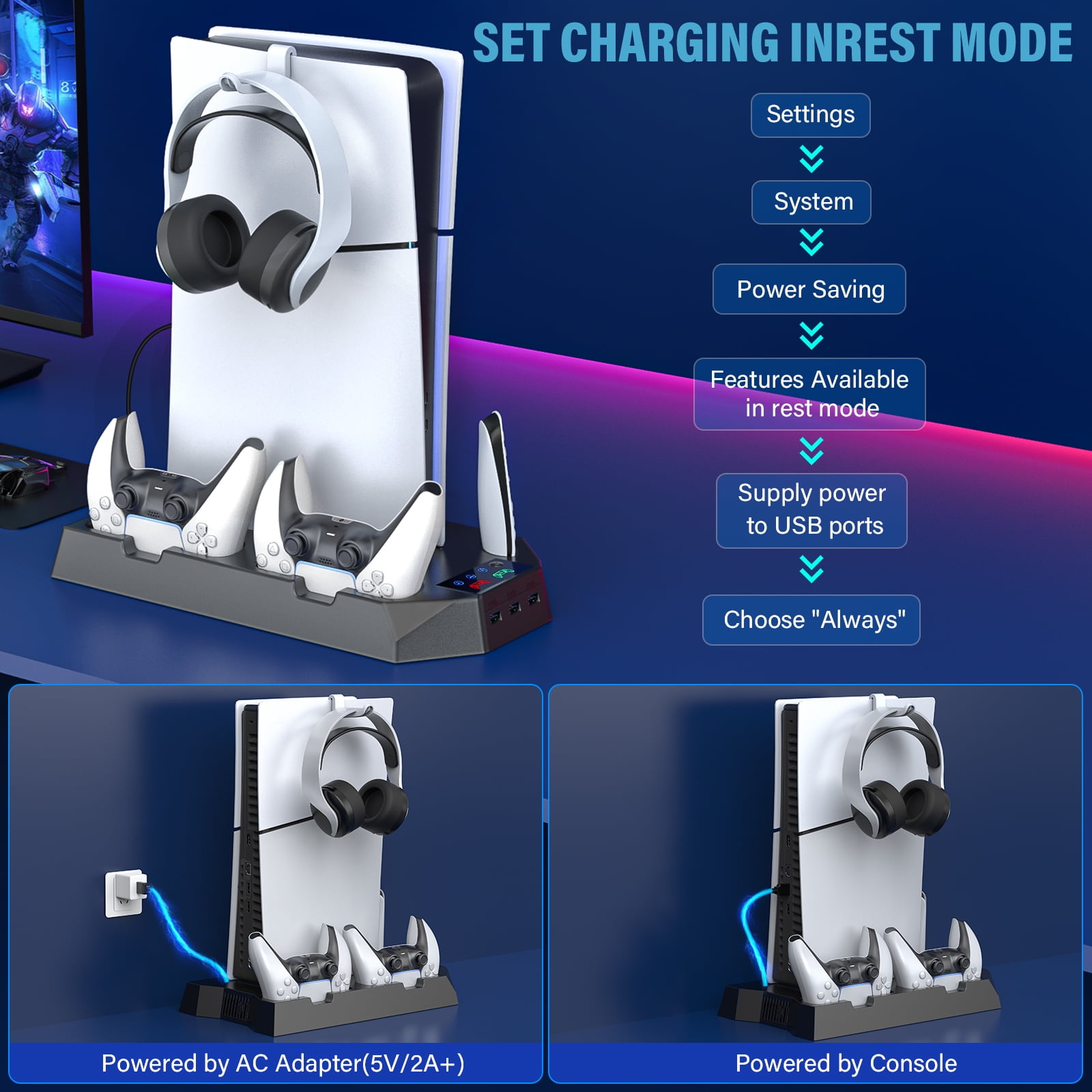 ZRZLMVP PS5 Cooling Stand with Dual Controller Charging Station and 3-Speed Fan (Black, 1 Pack) 2p95t