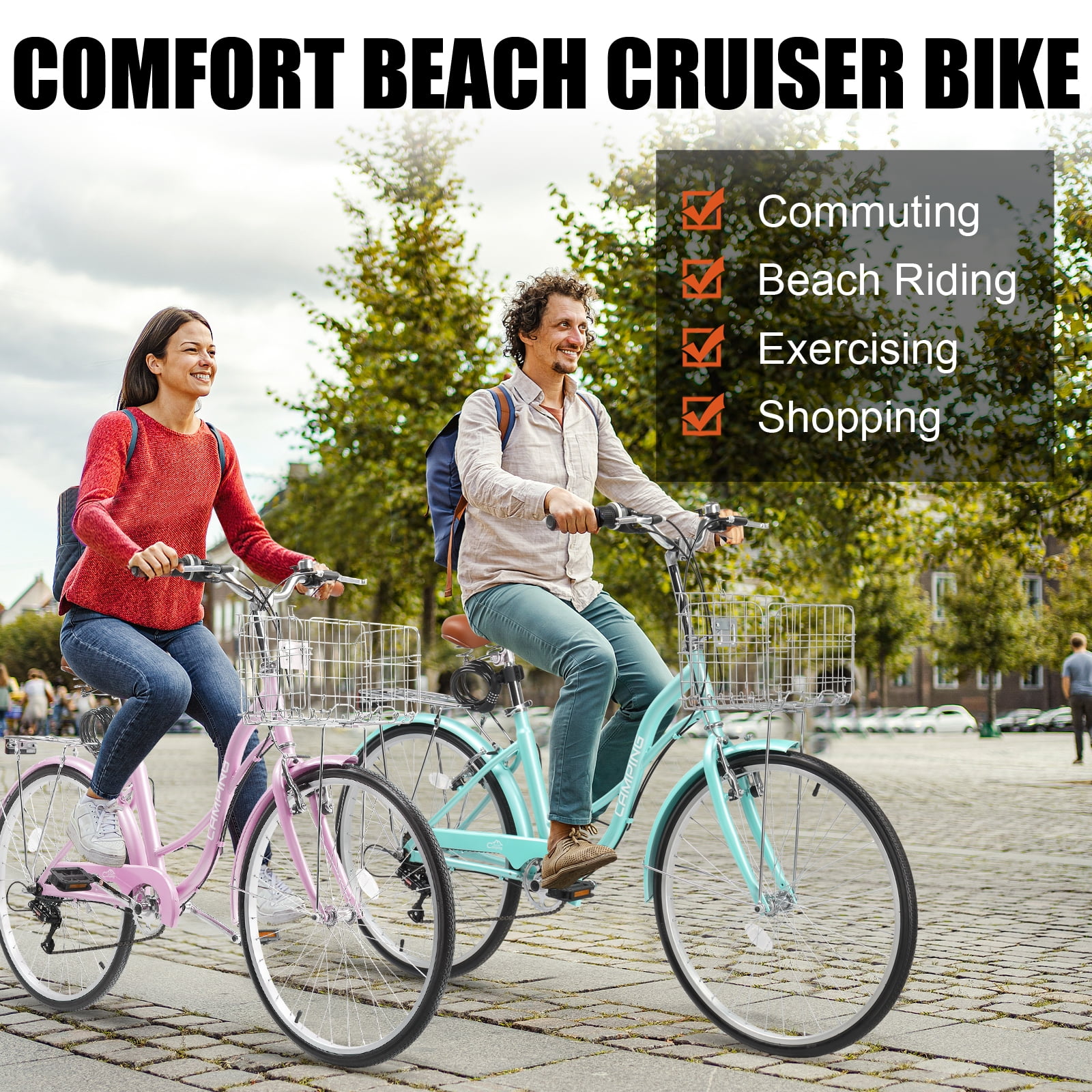 Ktaxon 24-inch Women's Cruiser Bike, 7-Speed City Bicycle with Basket and Rear Rack (Green, 24 in) exdtx