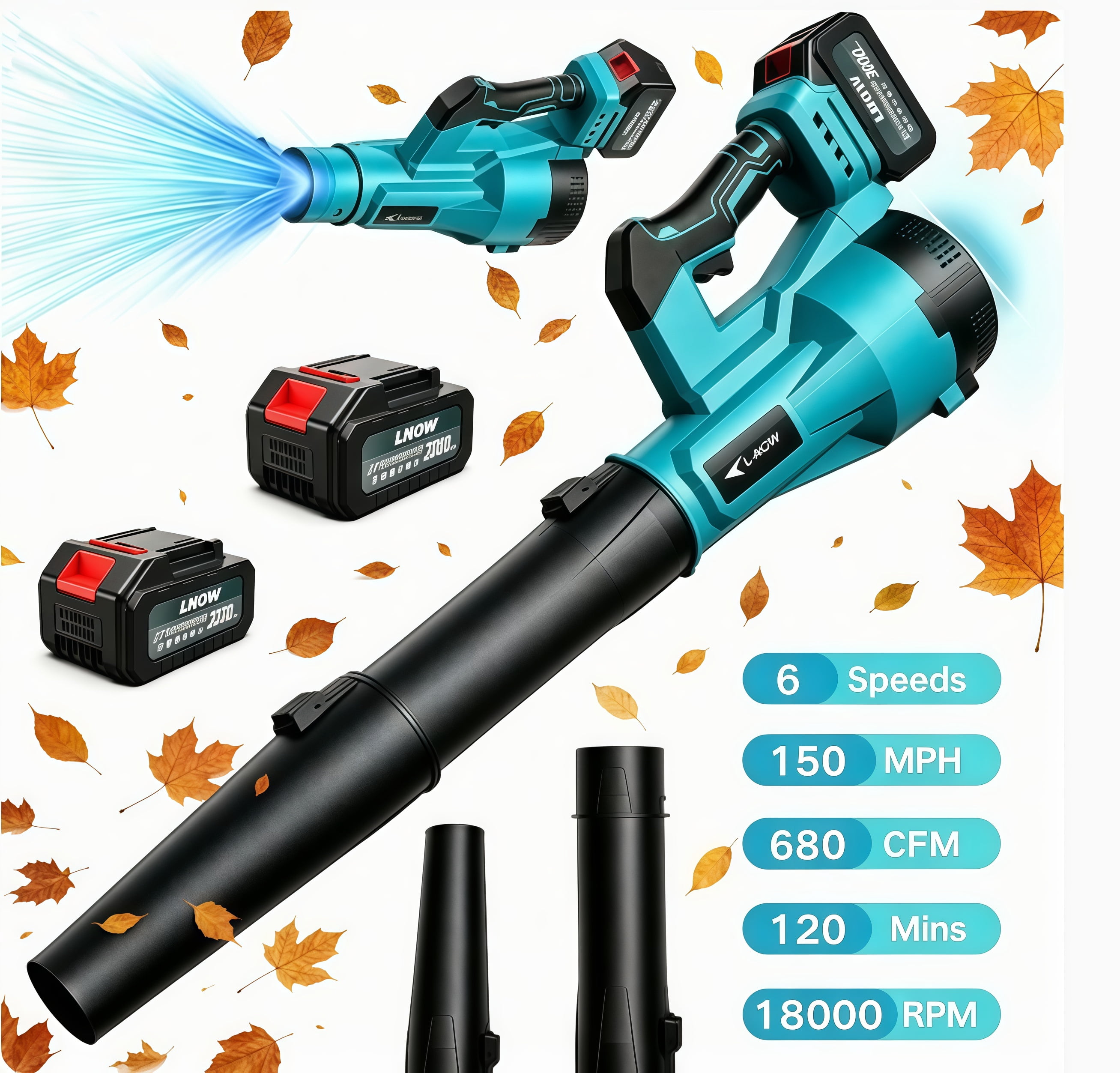 LNOW Cordless Leaf Blower, 6-Speed Electric Power Sweeper for Yard and Garage (680 CFM, 150 MPH, 2 Batteries, 5.73 lb) lptib