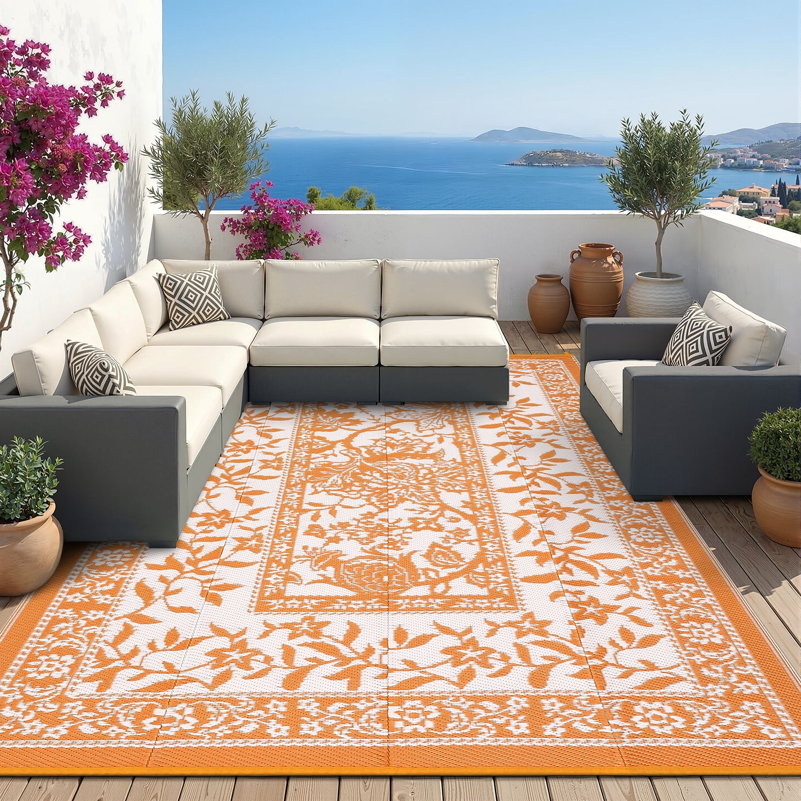 NANAN Outdoor Rug, Waterproof Plastic Straw Patio Mat, Botanical Floral Pattern for Deck Beach RV (Orange White, 8 ft x 10 ft) 542lf