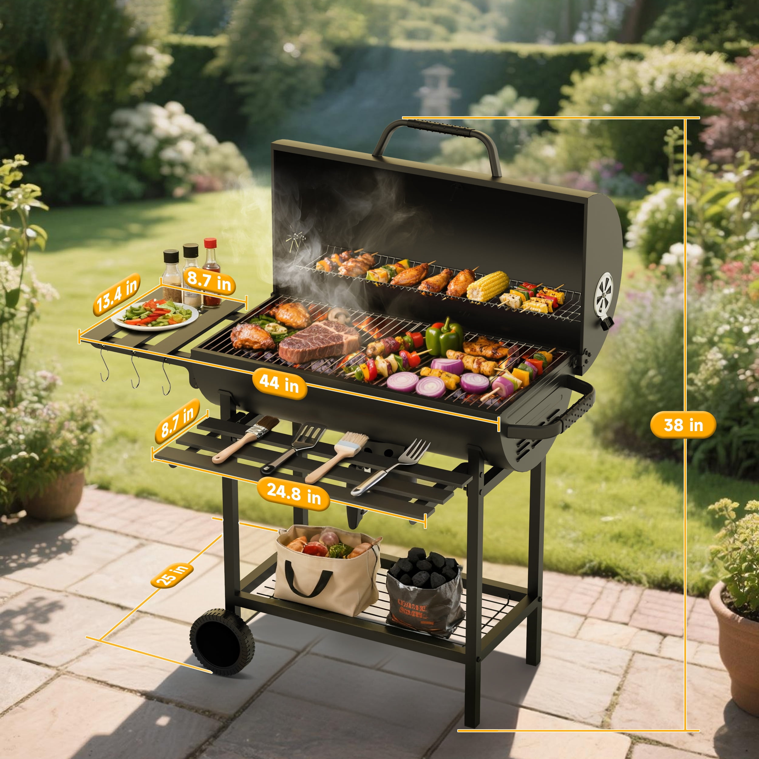 KOBENDA 29 in Barrel Charcoal Grill with Foldable Side Table and Removable Ashtray (Black, 29 in) qt2xl