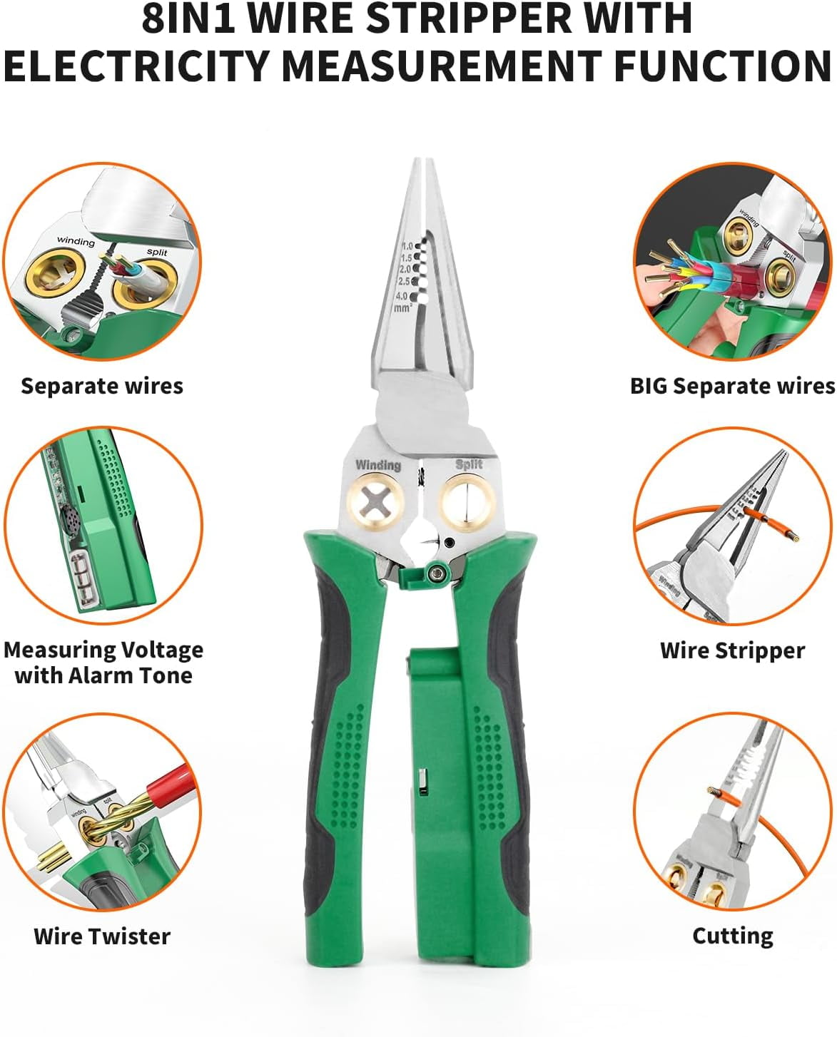 BrixVibe 8-in-1 Wire Stripper and Voltage Tester Multi-Tool (Green, 18-10 AWG) f158h