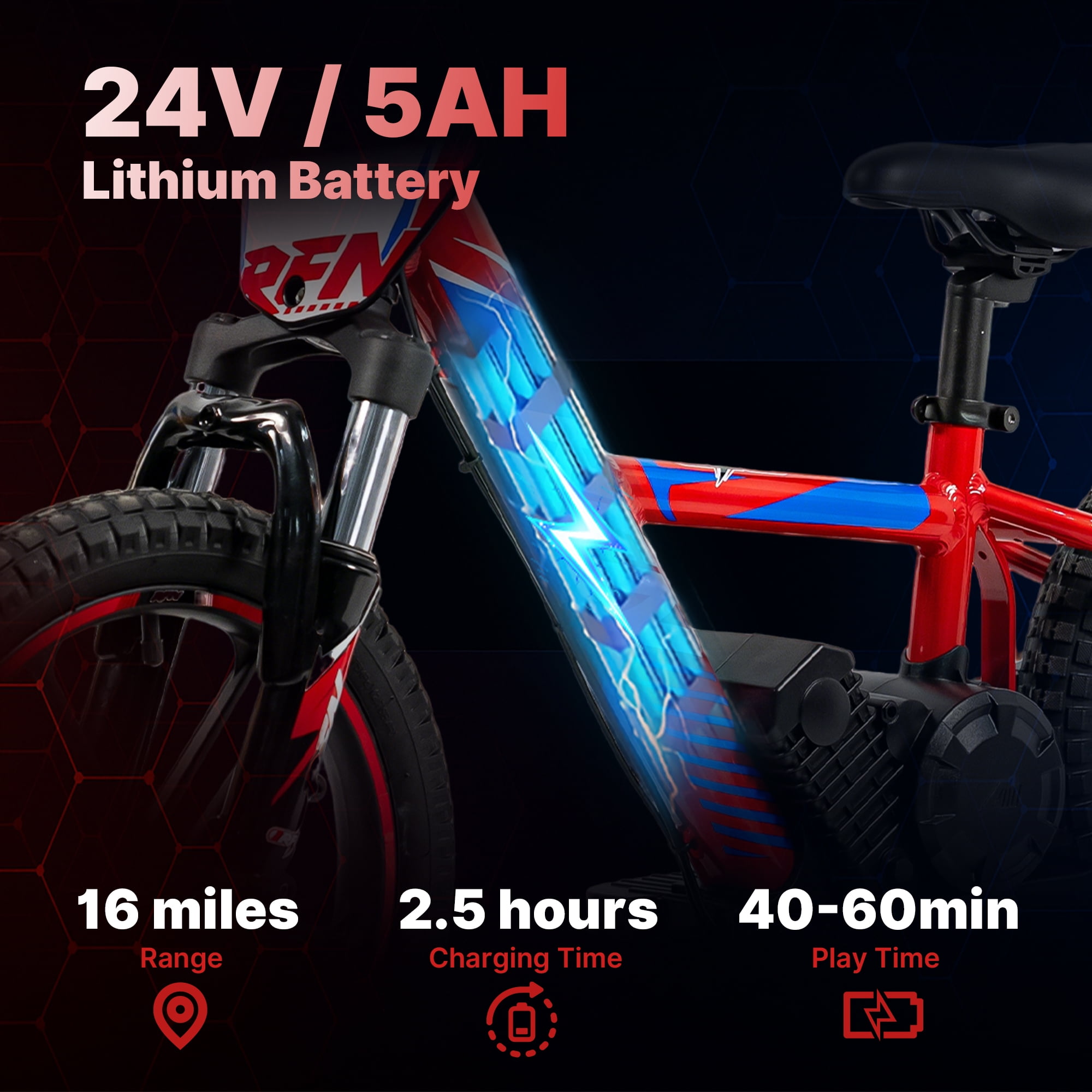 RFN Electric Dirt Bike for Kids, 500W Motor Off-Road E-Bike with 3 Speed Modes (Red, 16 in) k7d83