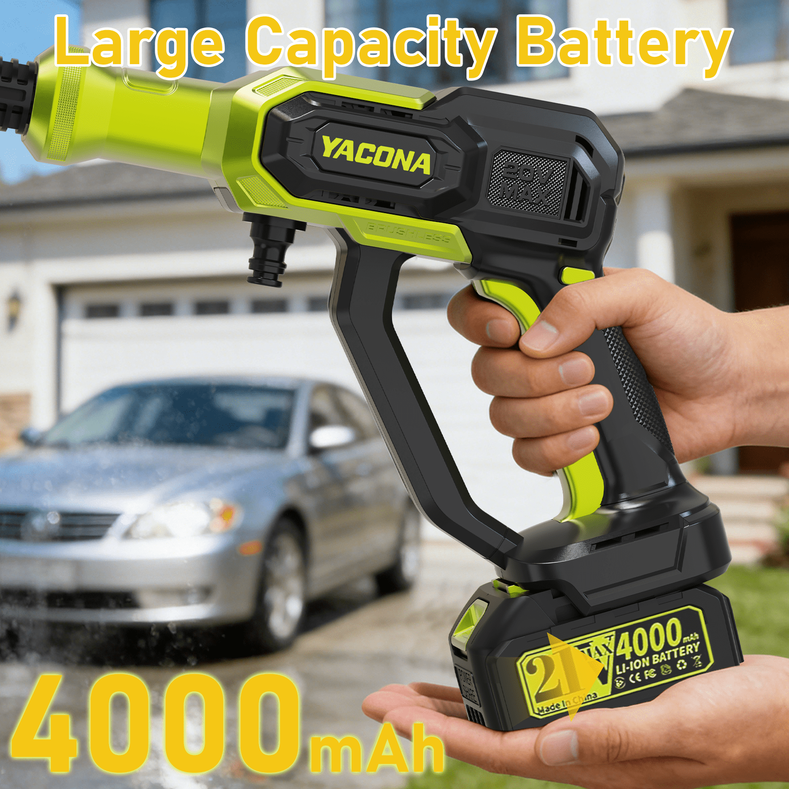 Yacona Cordless Pressure Washer, Portable Electric Power Cleaner with 6-in-1 Nozzle and Dual Battery System (Green, 23 ft Hose) g7w54