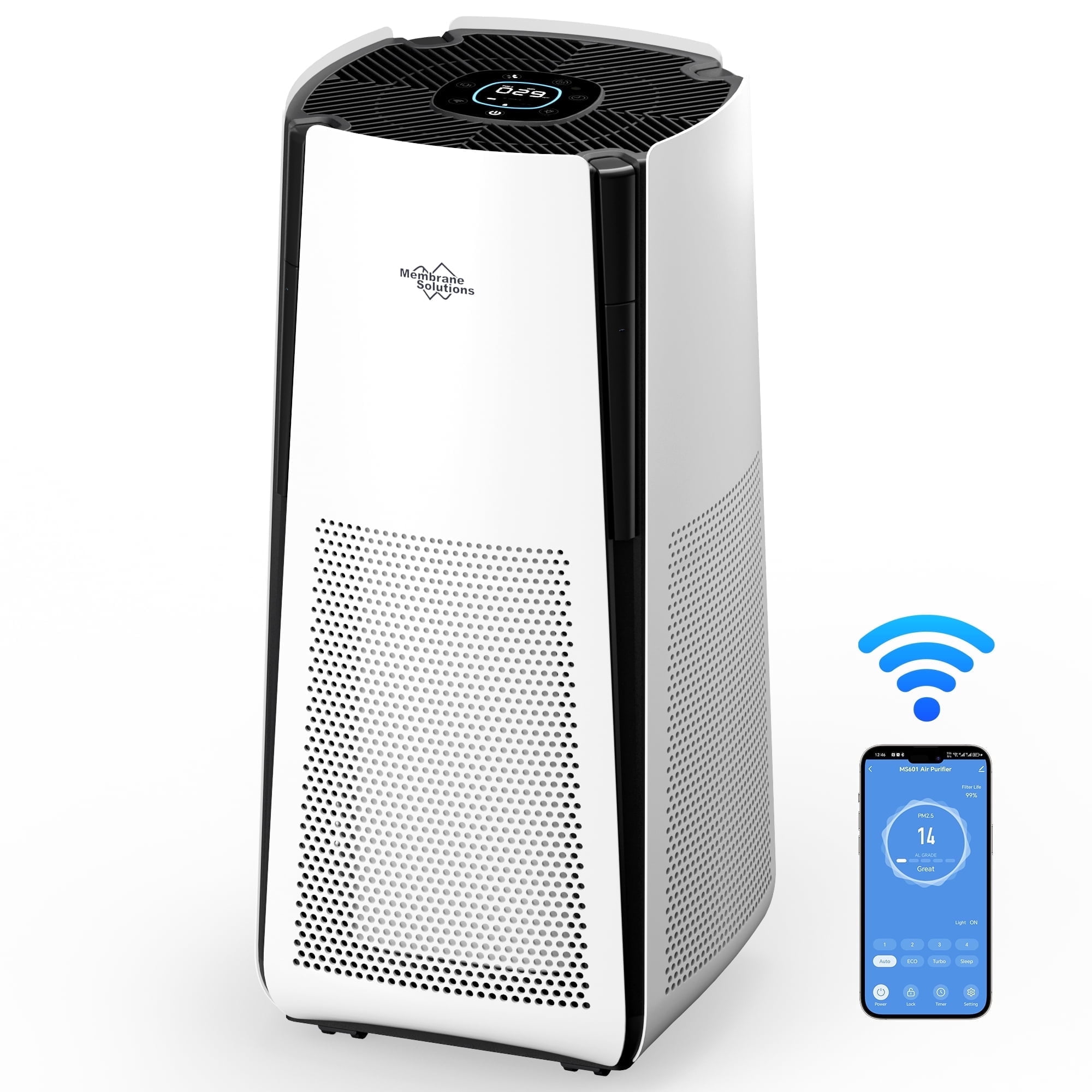 Membrane Solutions MS601W Smart Air Purifier with True HEPA Filter for Large Rooms (White, 3027 sq ft) z7jdu