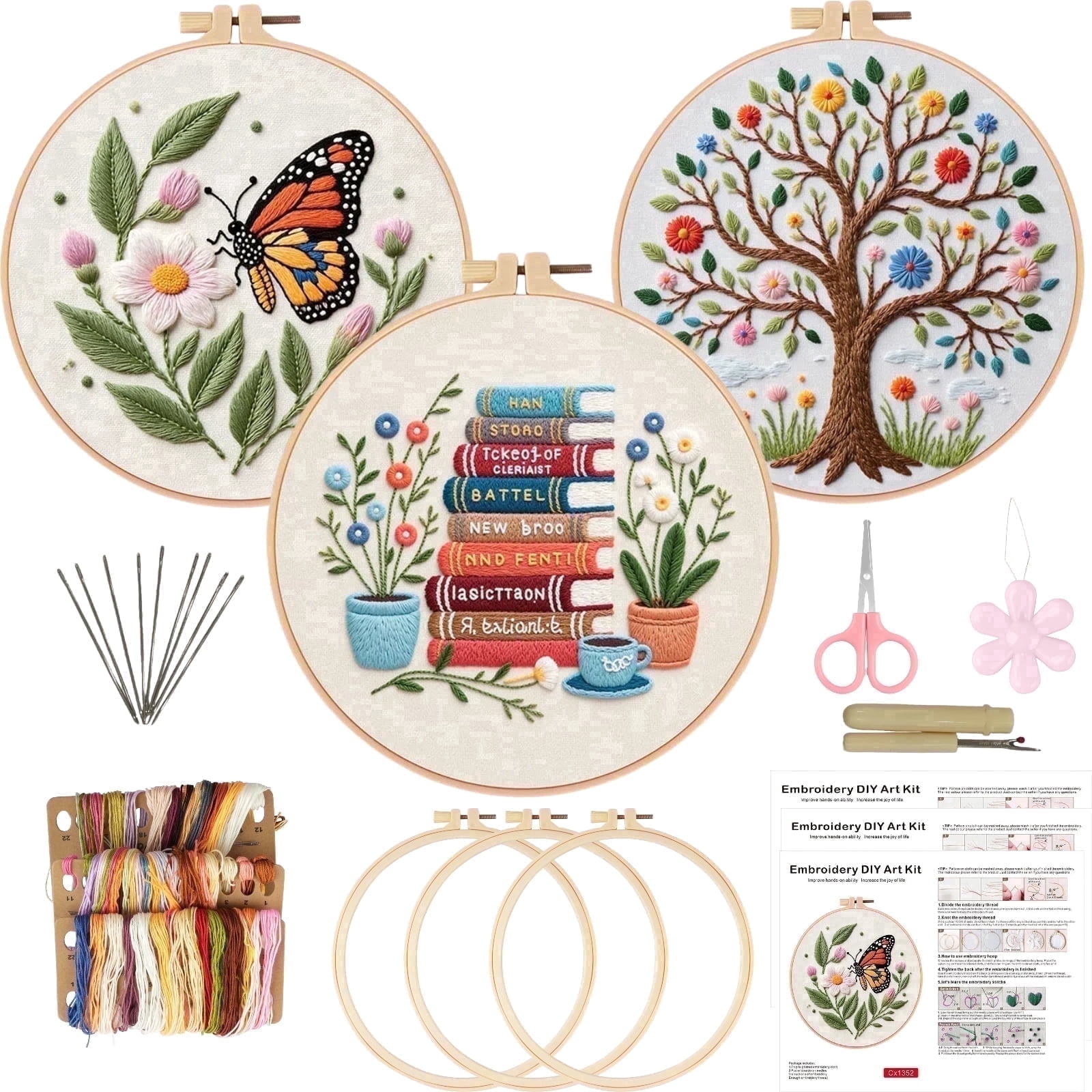 PLNYA Embroidery Starter Kit for Beginners with 3 Pattern Hoops and Stamped Cloth (White, 3-Pack) wl4rg