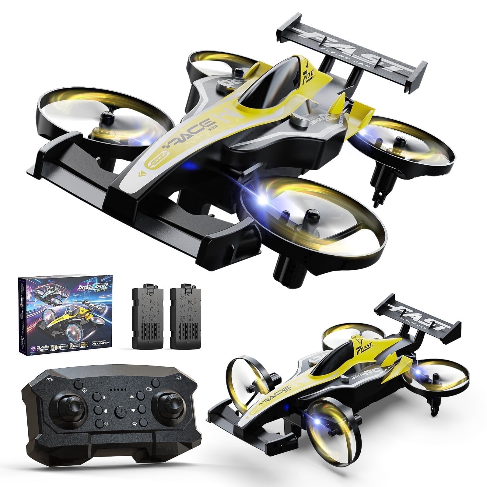 WEFONE ZF24 2-in-1 RC Drone and Stunt Car, Remote Control Vehicle with 3-Speed Mode and 360° Flips (Yellow, 2-Pack Battery) 5rlud