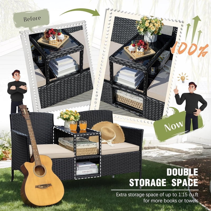 Vineego Outdoor Patio Loveseat Wicker Conversation Set with Center Storage Table and Cushions (Black, 2-Seat) ogpq5