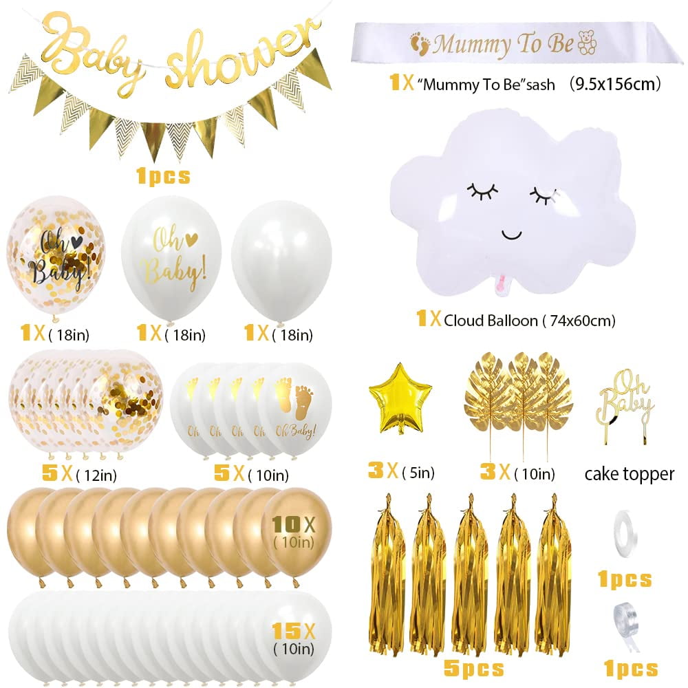 Yansion Baby Shower Decoration Set with White Gold Confetti Balloons Garland Arch and Mommy To Be Sash (56 Piece Set) gbtds