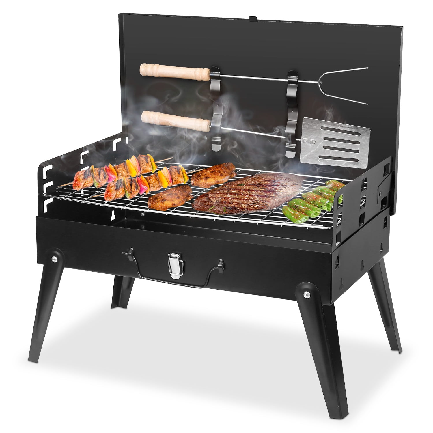 TeqHome Portable Charcoal Grill Foldable Tabletop BBQ for Camping Picnic (Black, 16.7x10x17.7 in) 2c8un