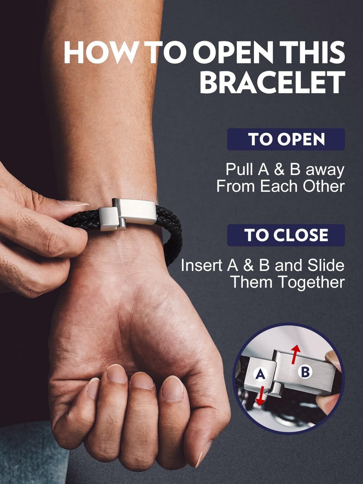 Bandmax Infinity Knot Leather Bracelet for Men, Stainless Steel Cuff with Message Card (Black, 8.3 in) vtnm0